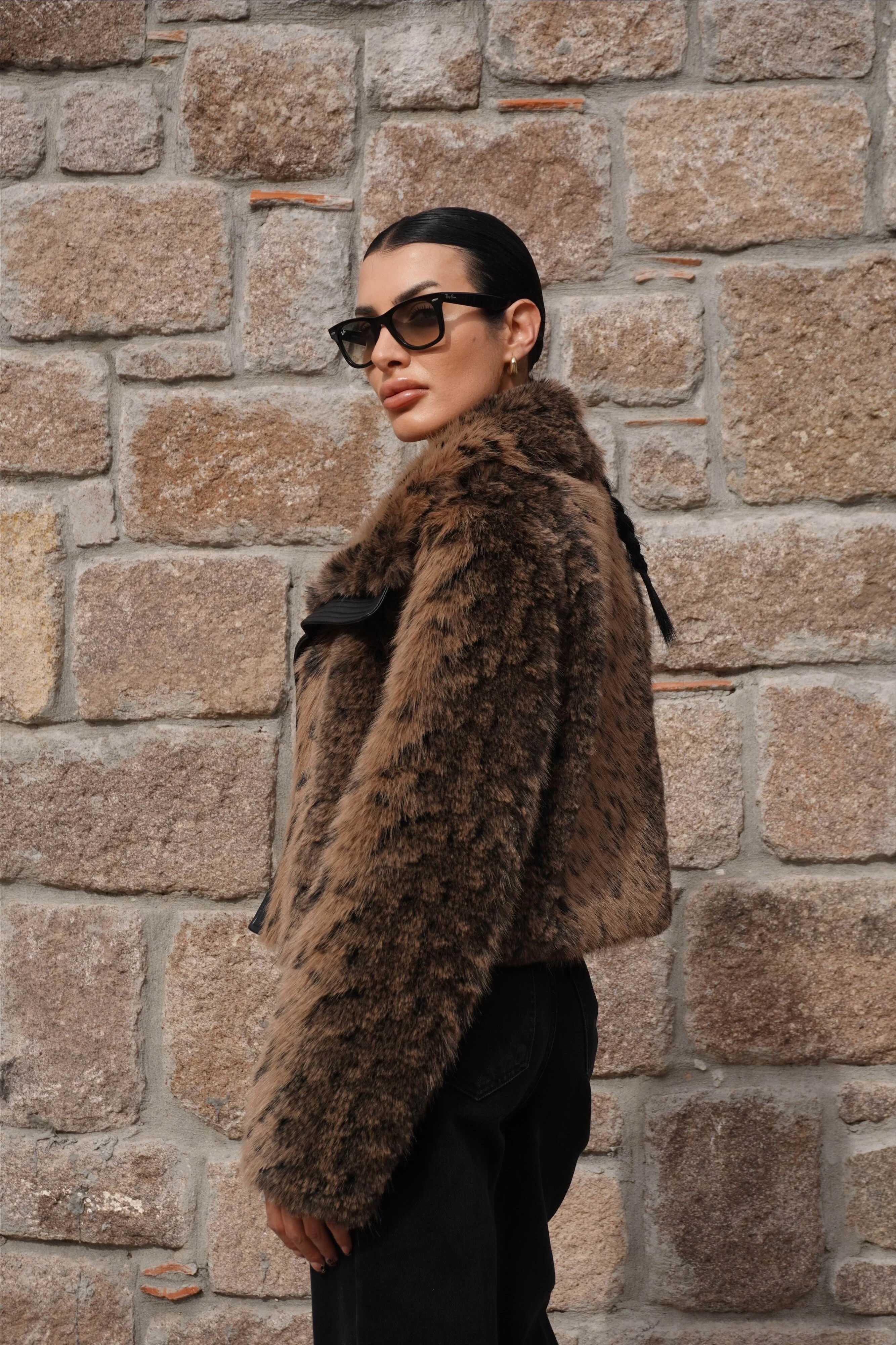 İthal Premium Deri Garnili Leopar Desen Bomber Kürk 