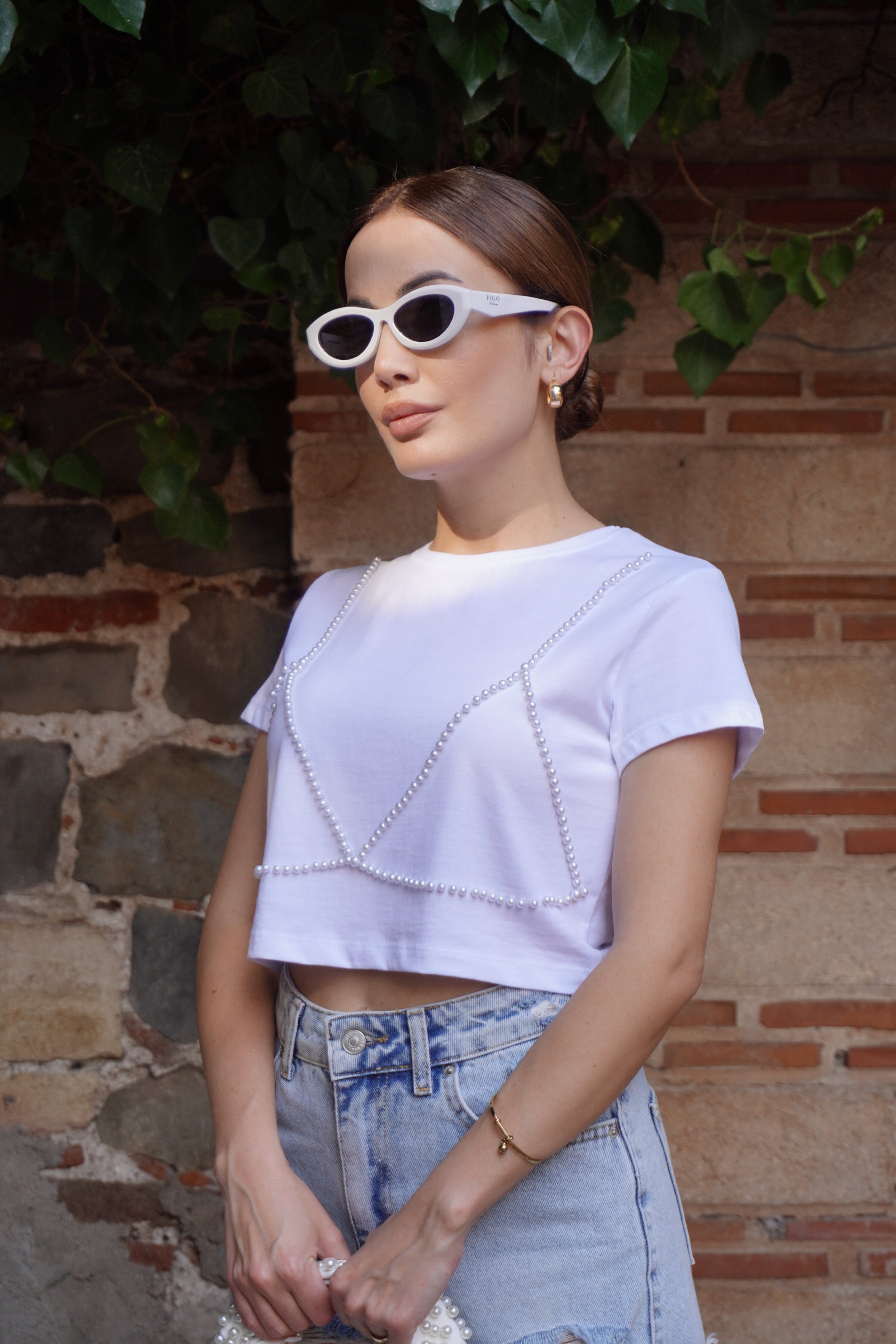 İnci Detaylı Crop T-Shirt