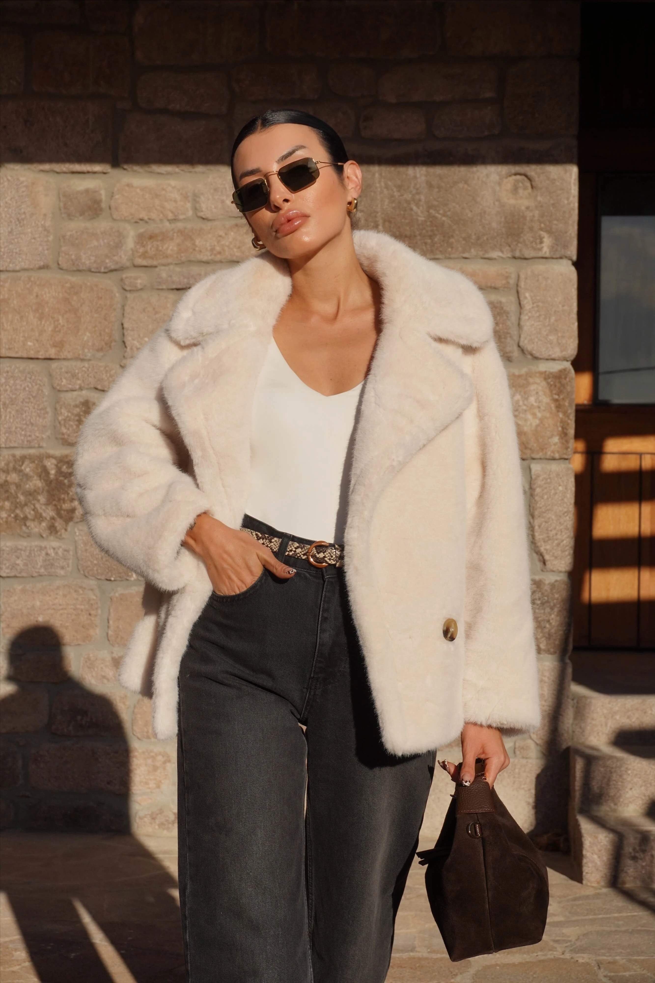 İthal Premium Ekru Peluş Ceket Kürk