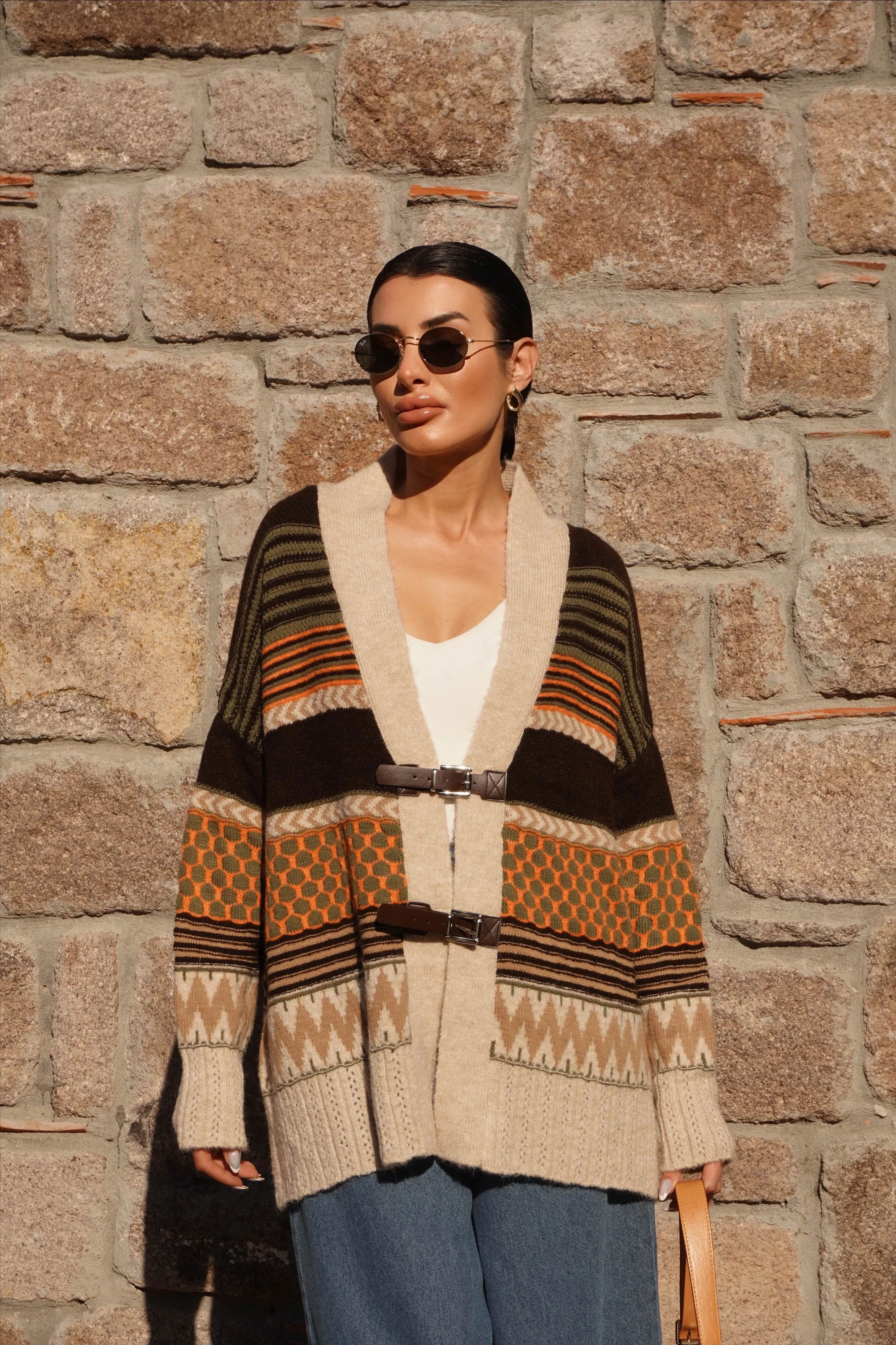 Kemer Detaylı Oversize Taş-Kahve Hırka