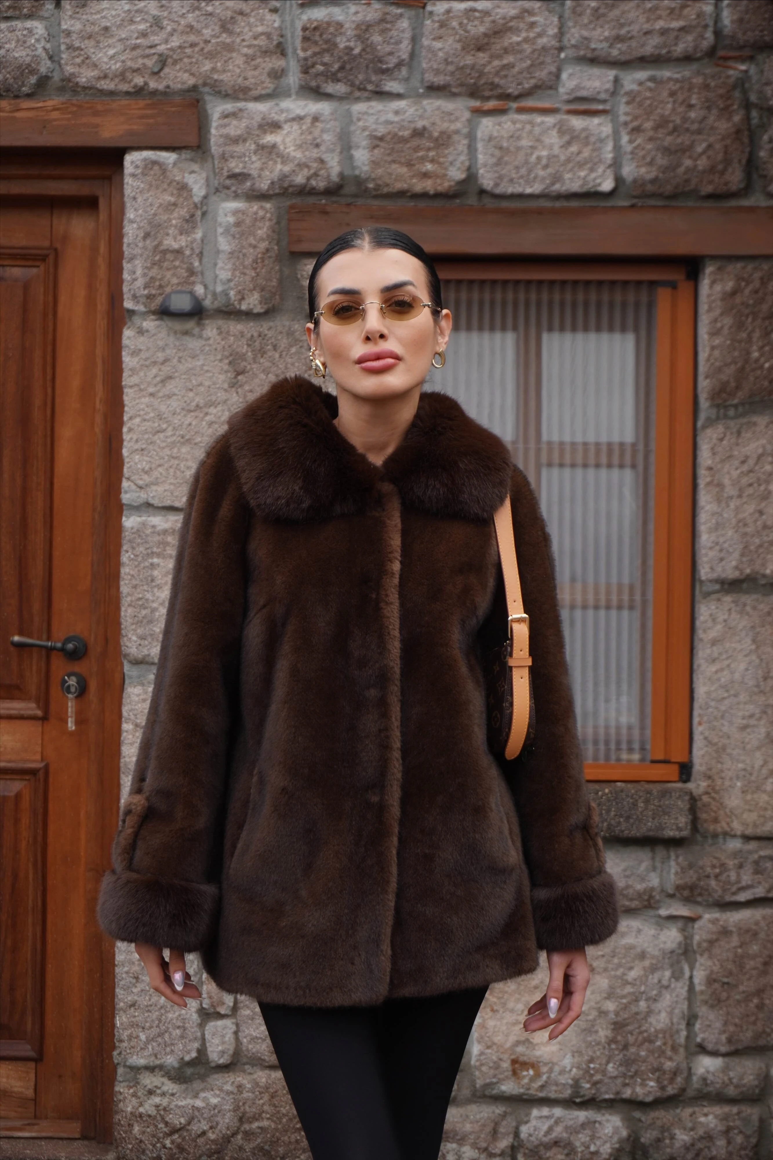 İthal Tasarım Kahverengi Ceket Kürk