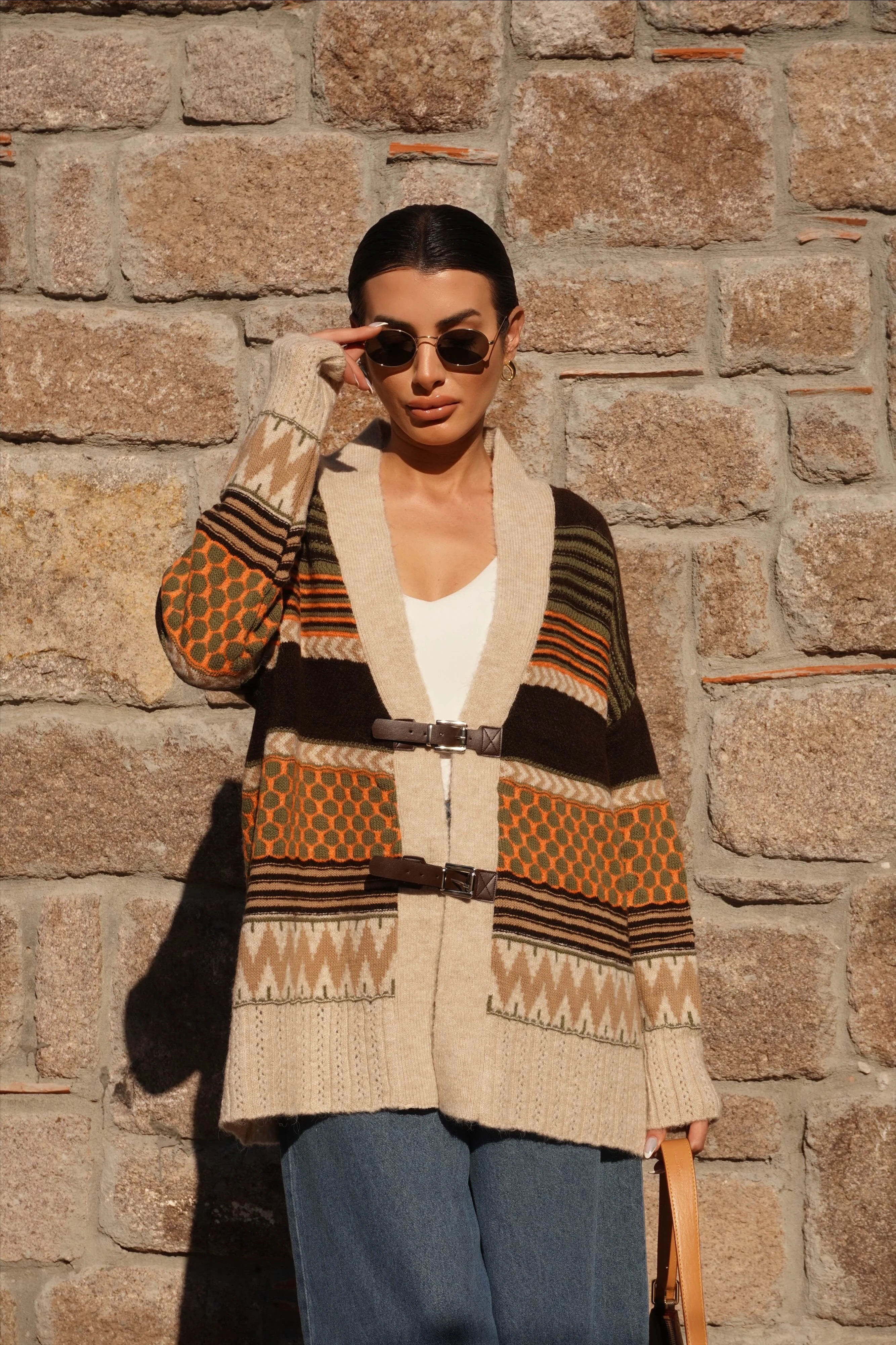 Kemer Detaylı Oversize Taş-Kahve Hırka