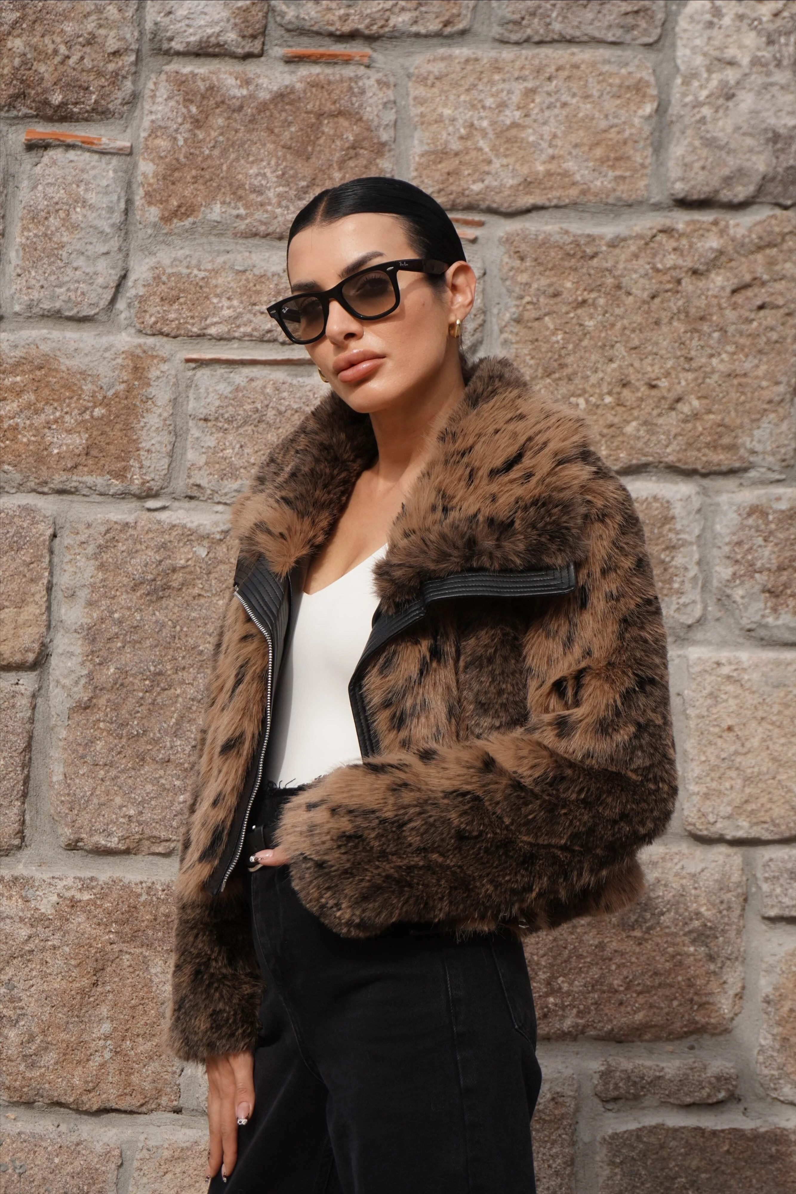 İthal Premium Deri Garnili Leopar Desen Bomber Kürk 