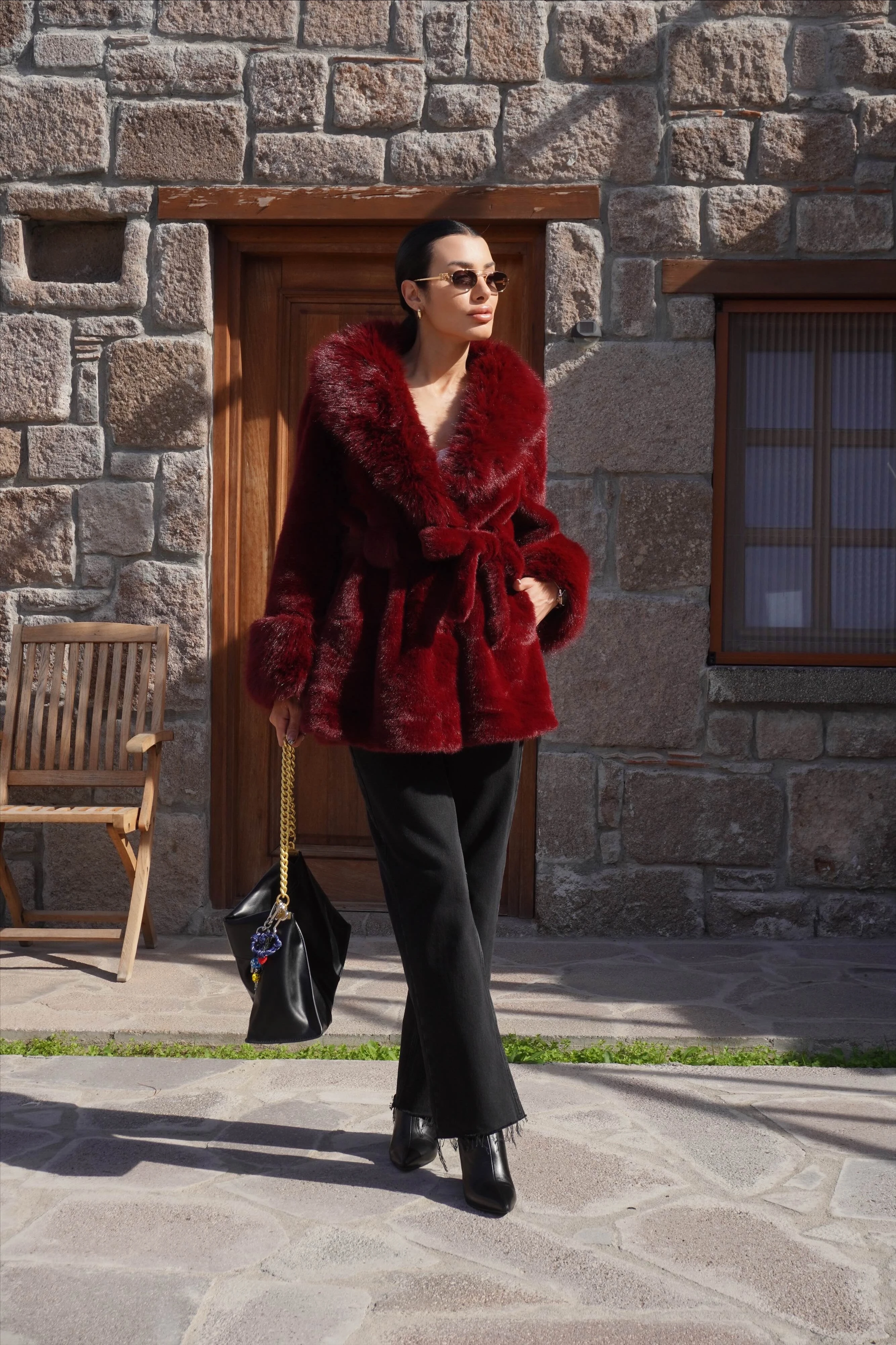 İthal Premium Kürk Yaka Bordo Peluş Kaban 