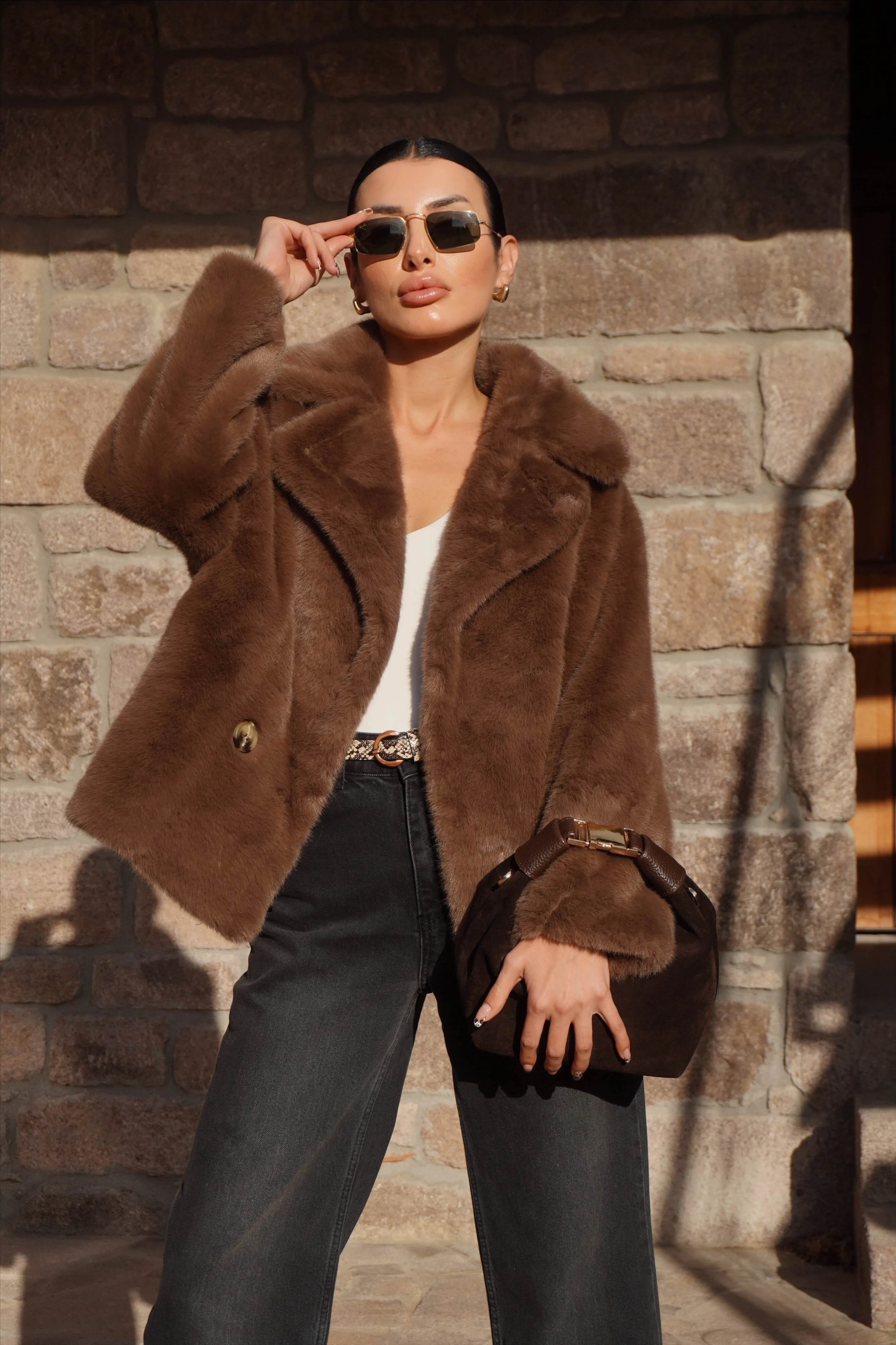 İthal Premium Kahverengi Peluş Ceket Kürk