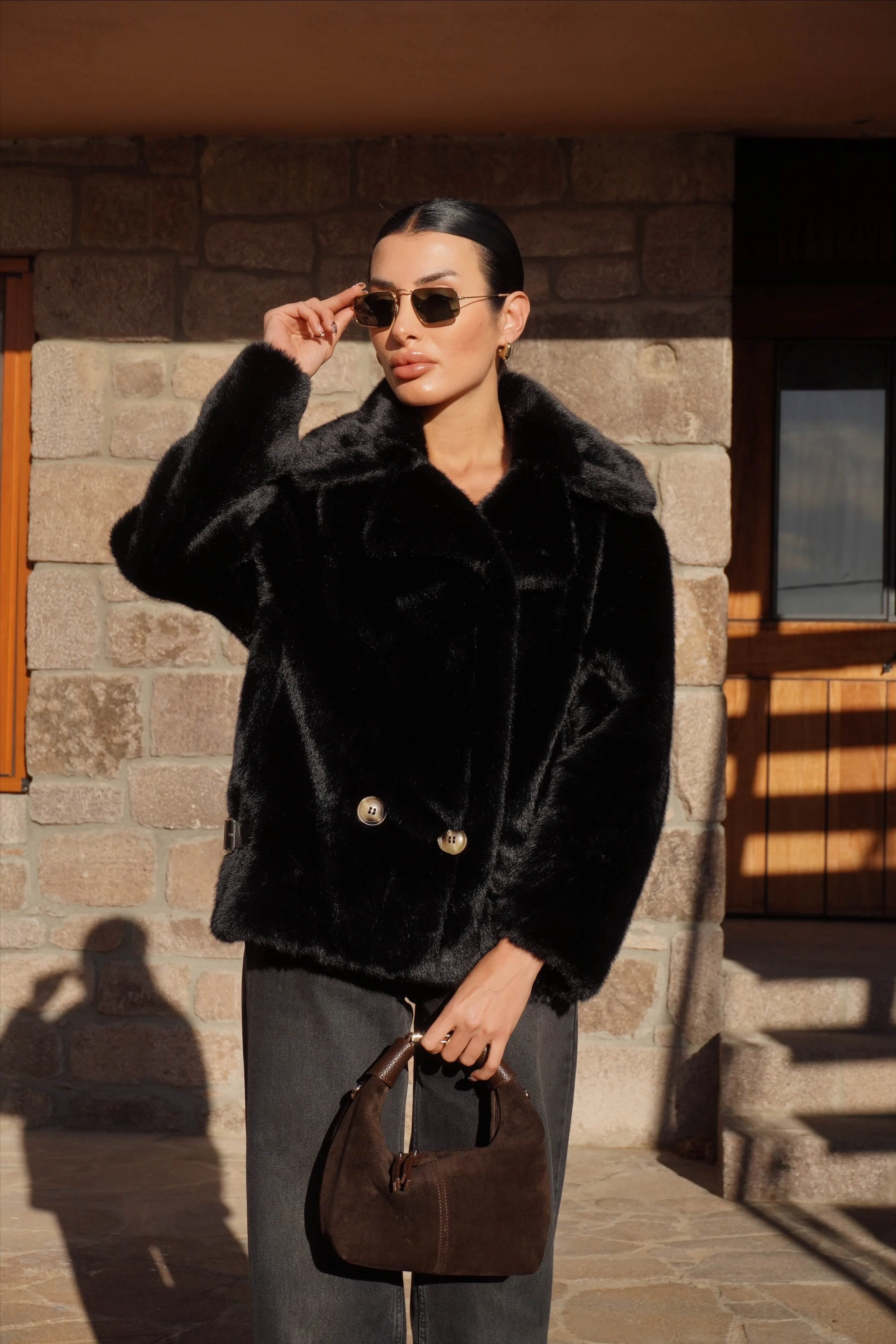 İthal Premium Siyah Peluş Ceket Kürk