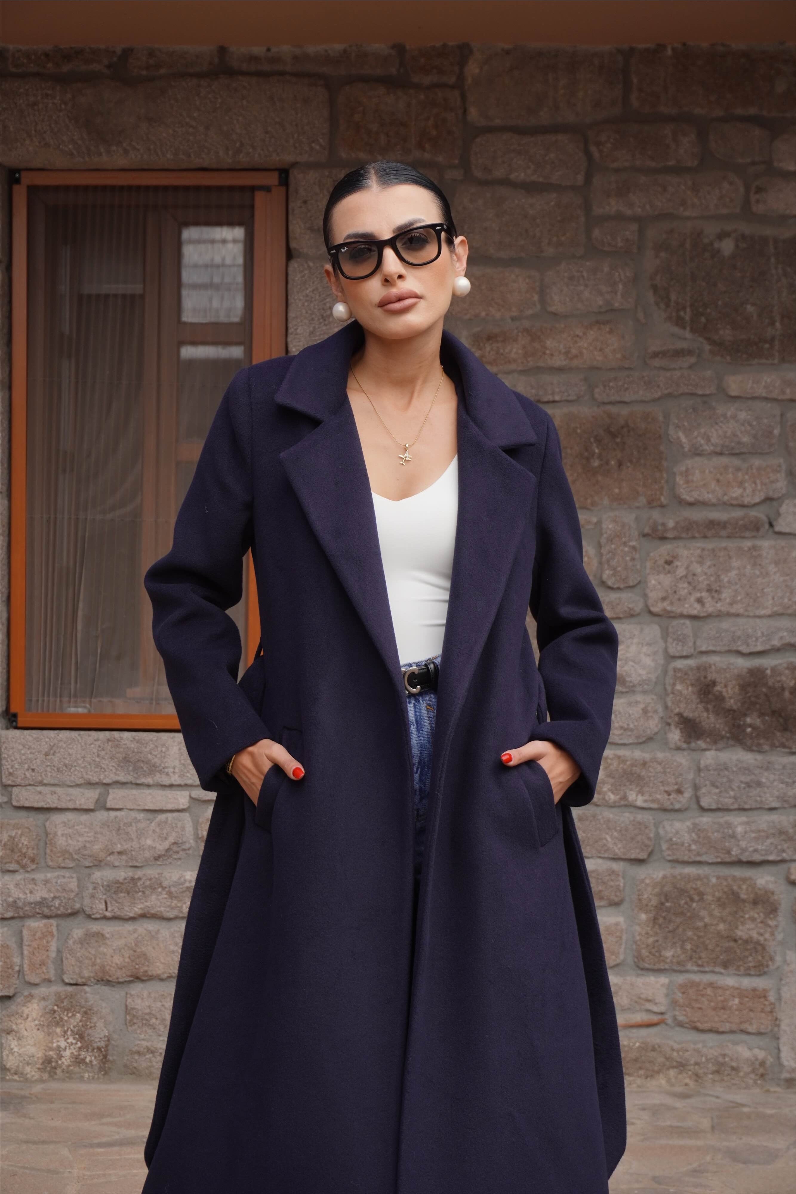 Premium Lacivert Kaşe Tam Kalıp Kaban 