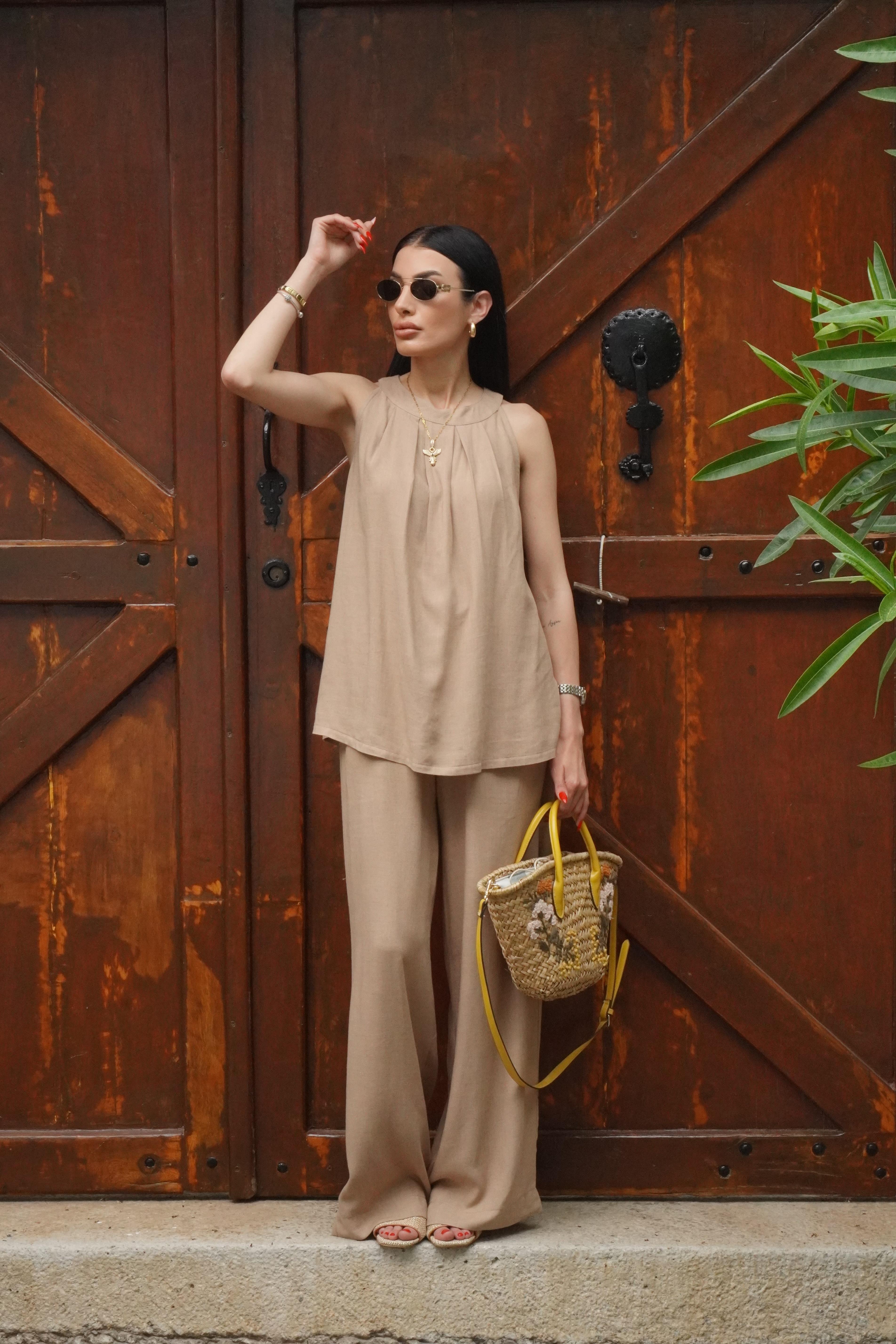 Camel Tensel Bluz Palazzo Takım