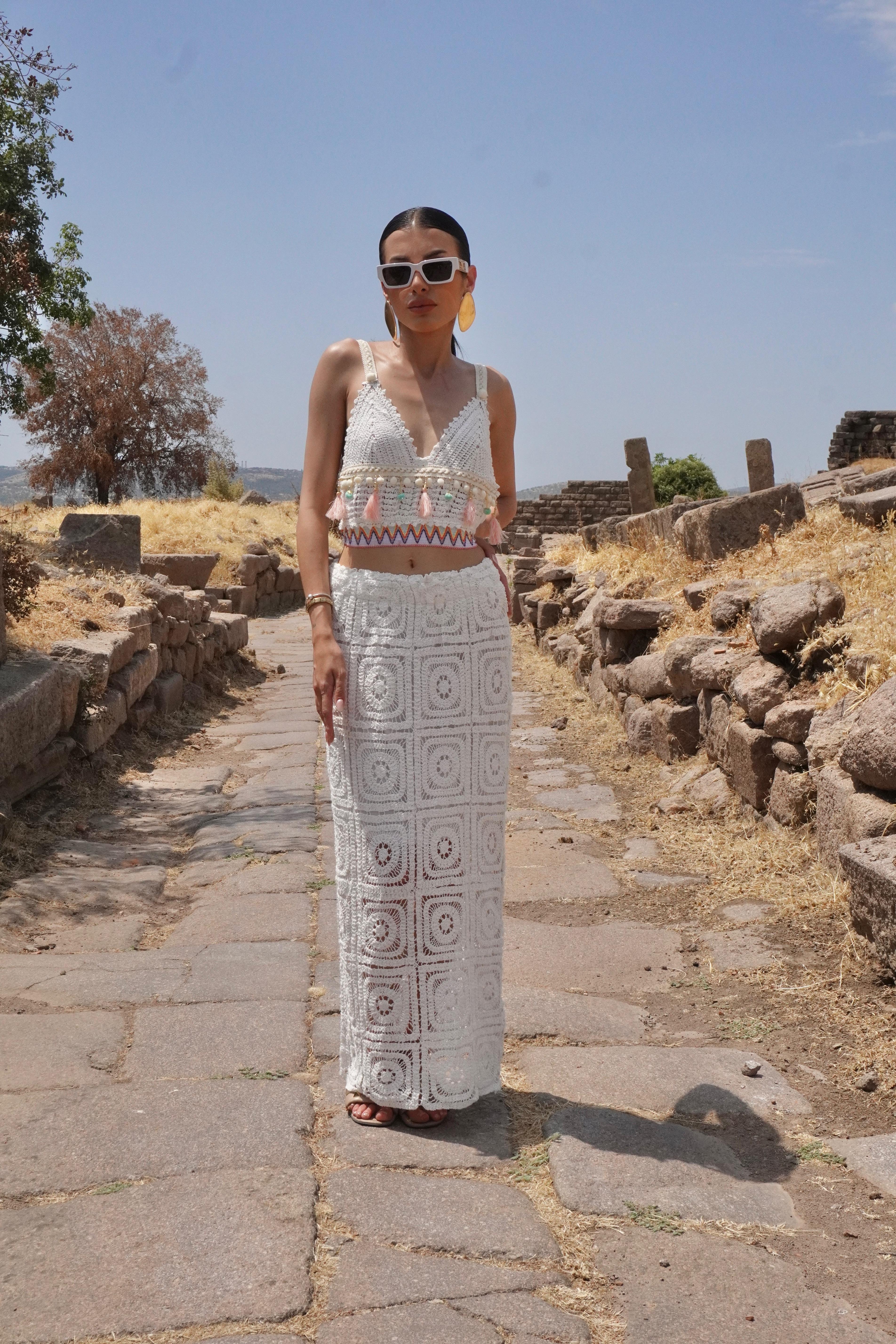 Premium Tasarım Örme Maxi Etek Crop Takım