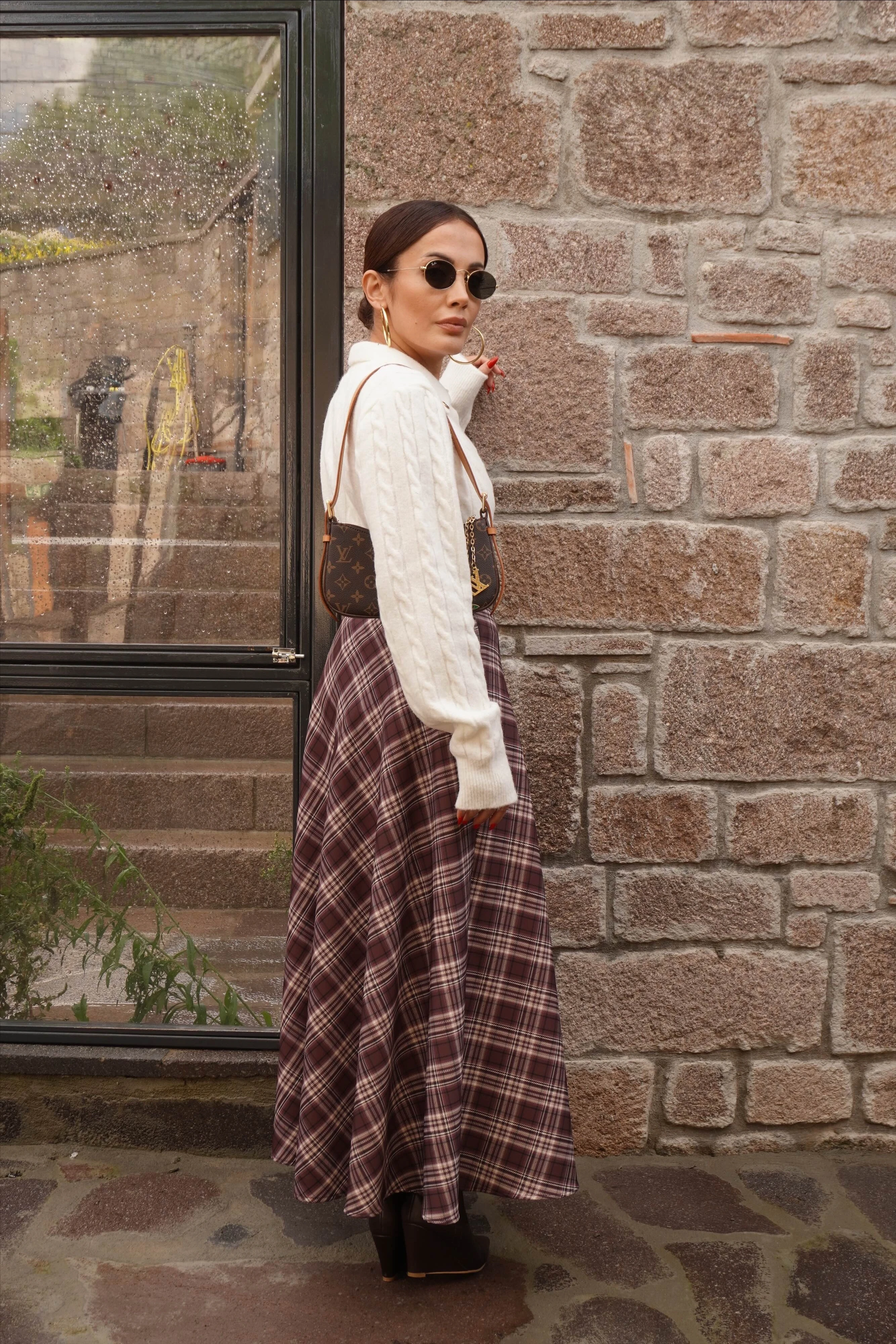 Kemer Aksesuarlı Ekose Etek