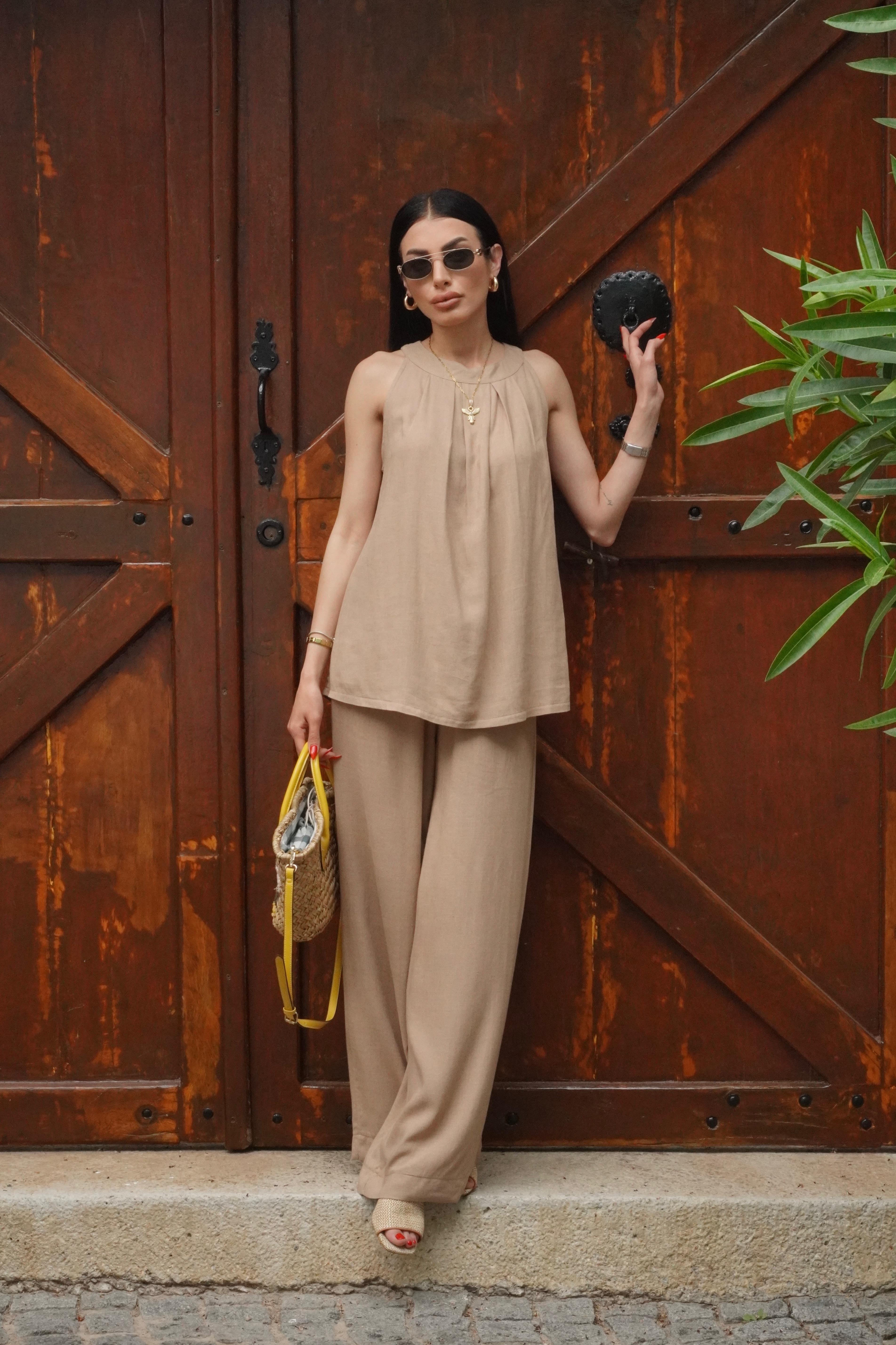 Camel Tensel Bluz Palazzo Takım