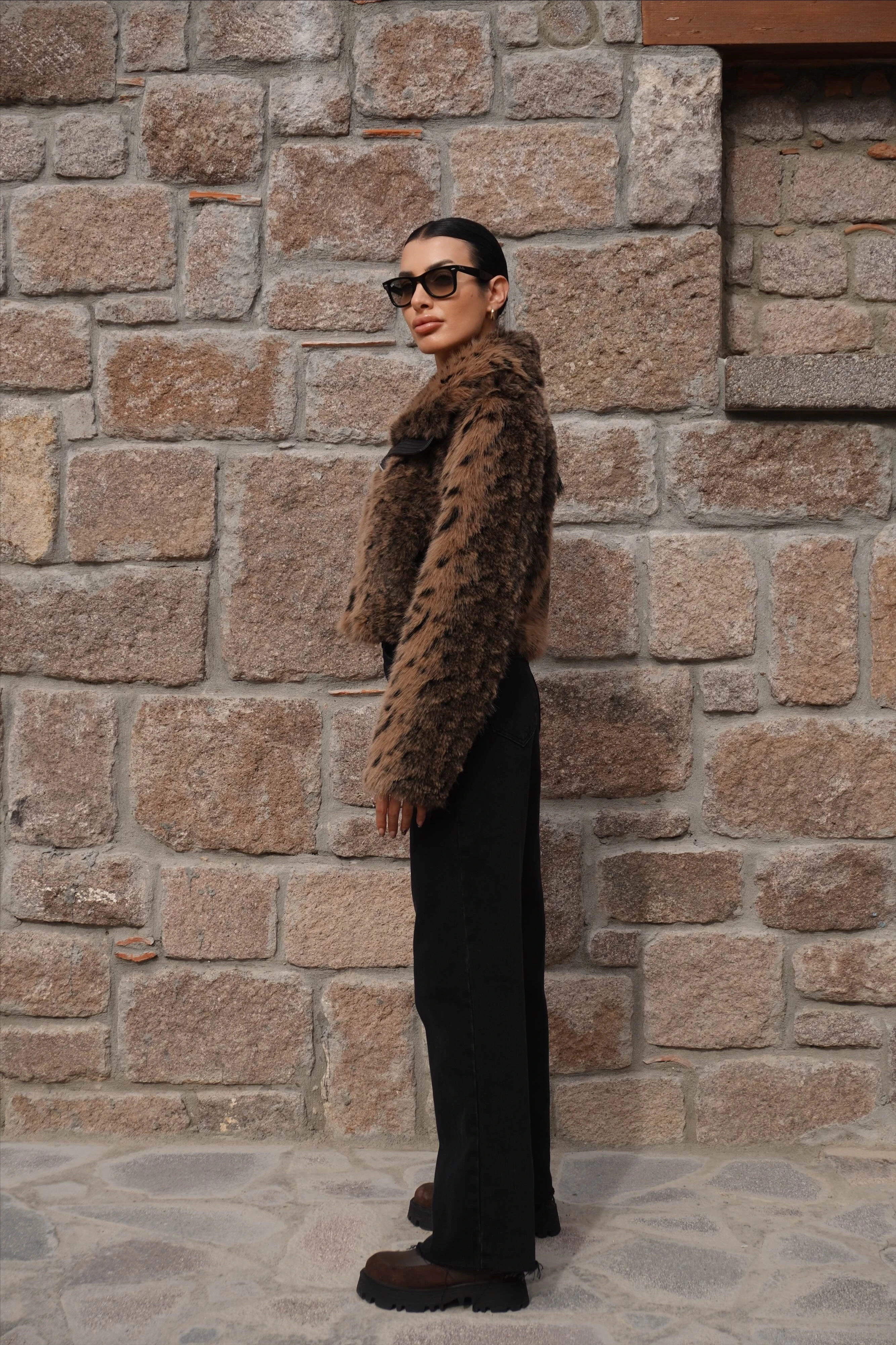 İthal Premium Deri Garnili Leopar Desen Bomber Kürk 