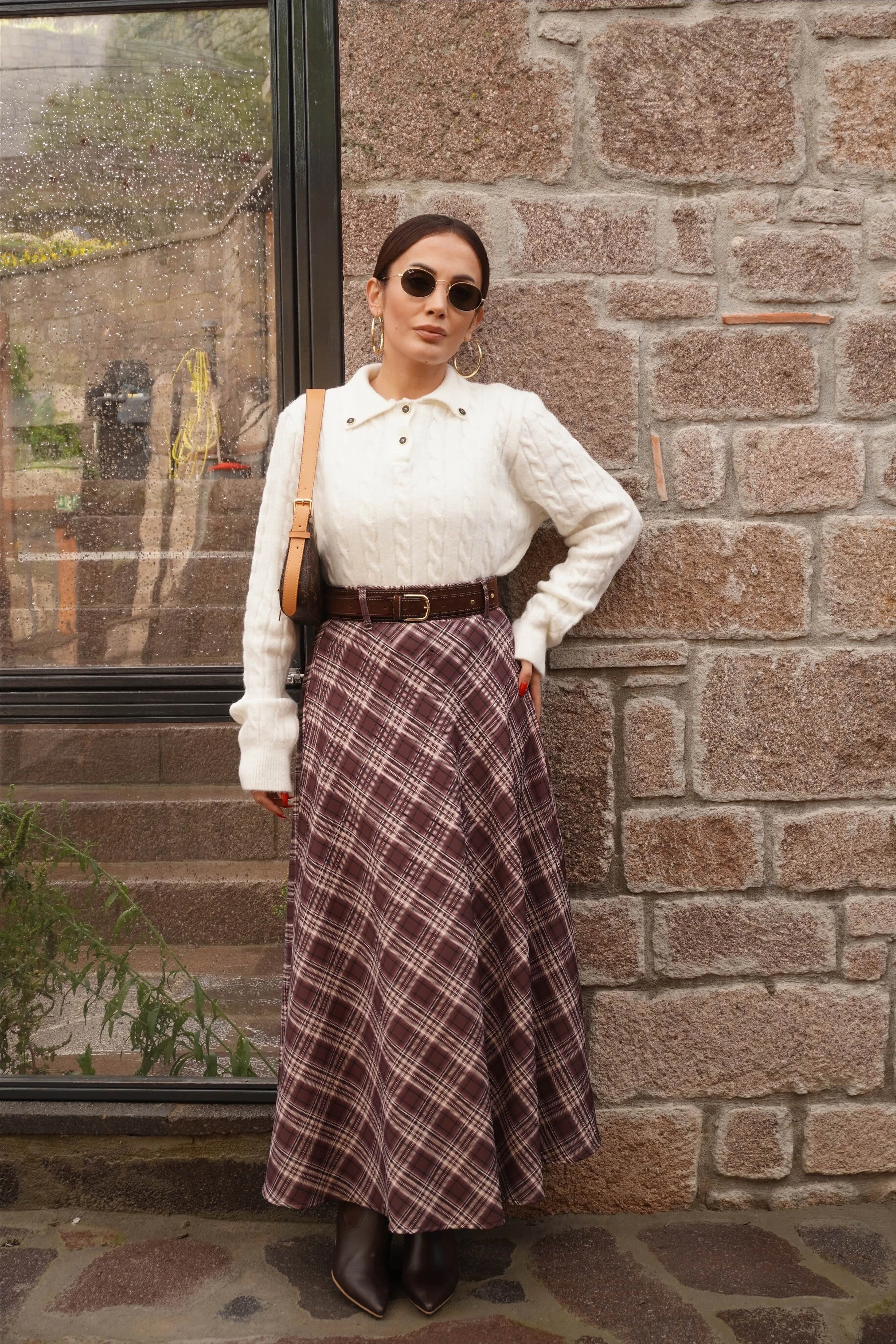 Kemer Aksesuarlı Ekose Etek