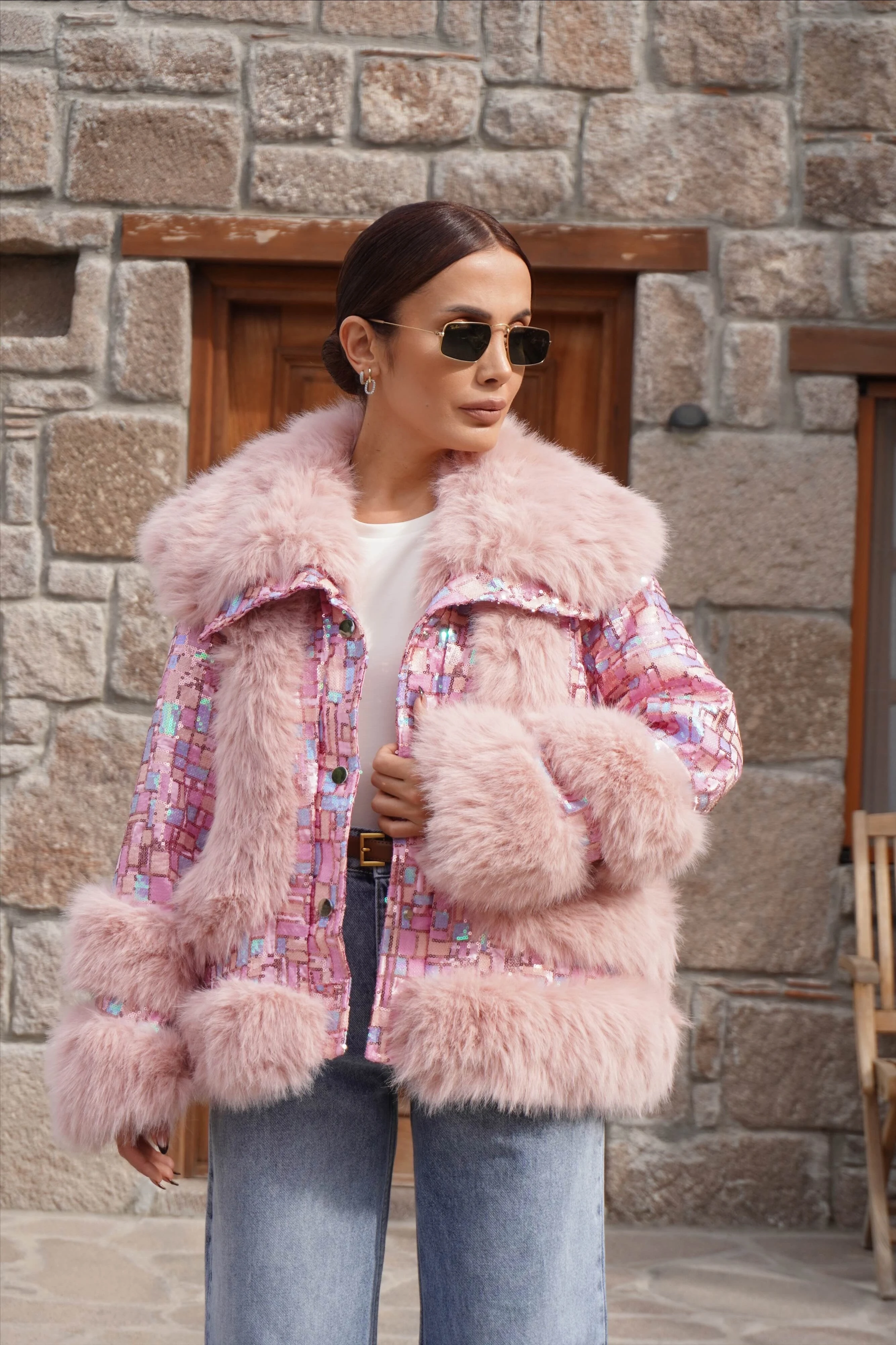 İthal Tasarım Premium Pembe Kürk Detaylı Mont