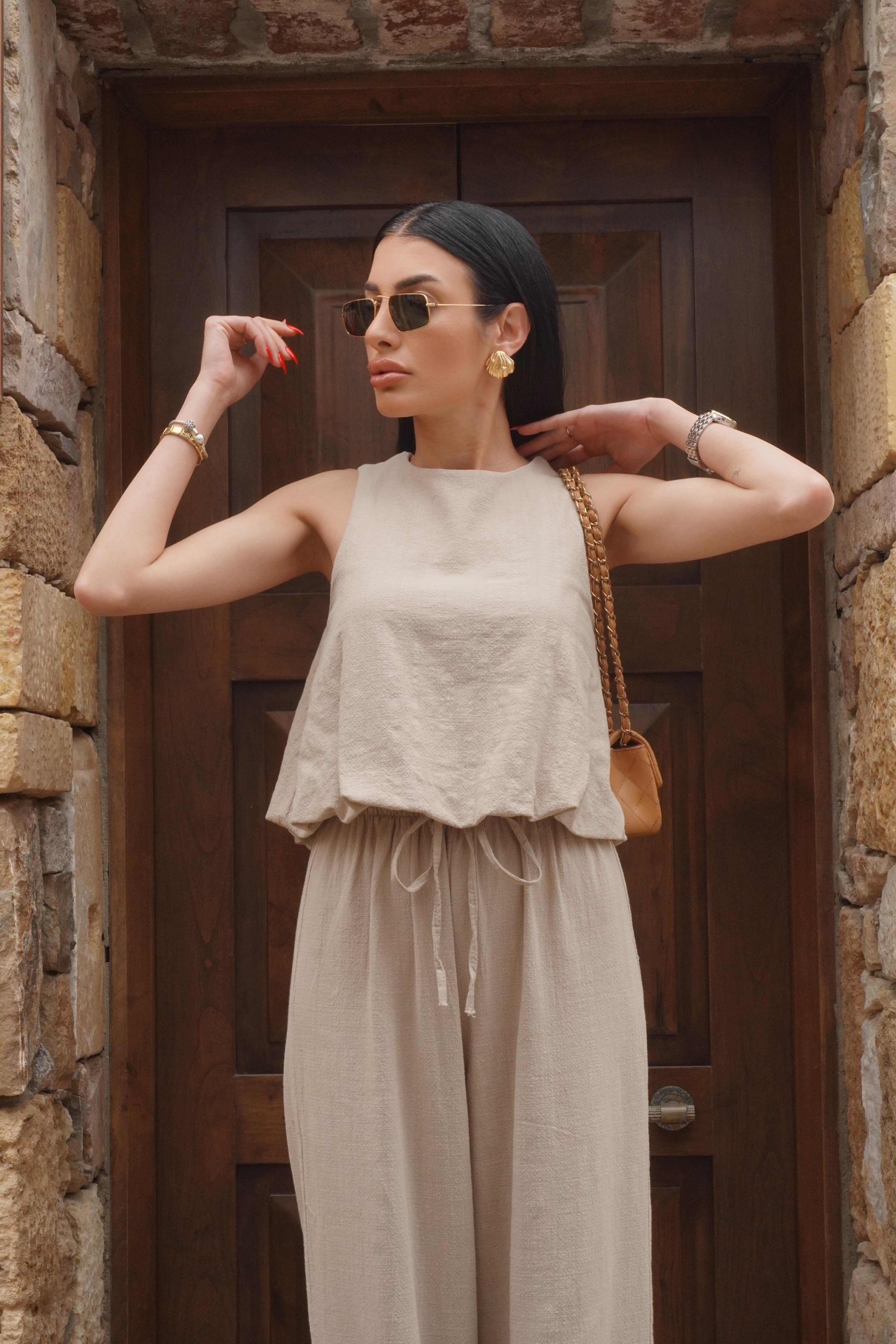Keten Palazzo Pantolon Bluz Takım 