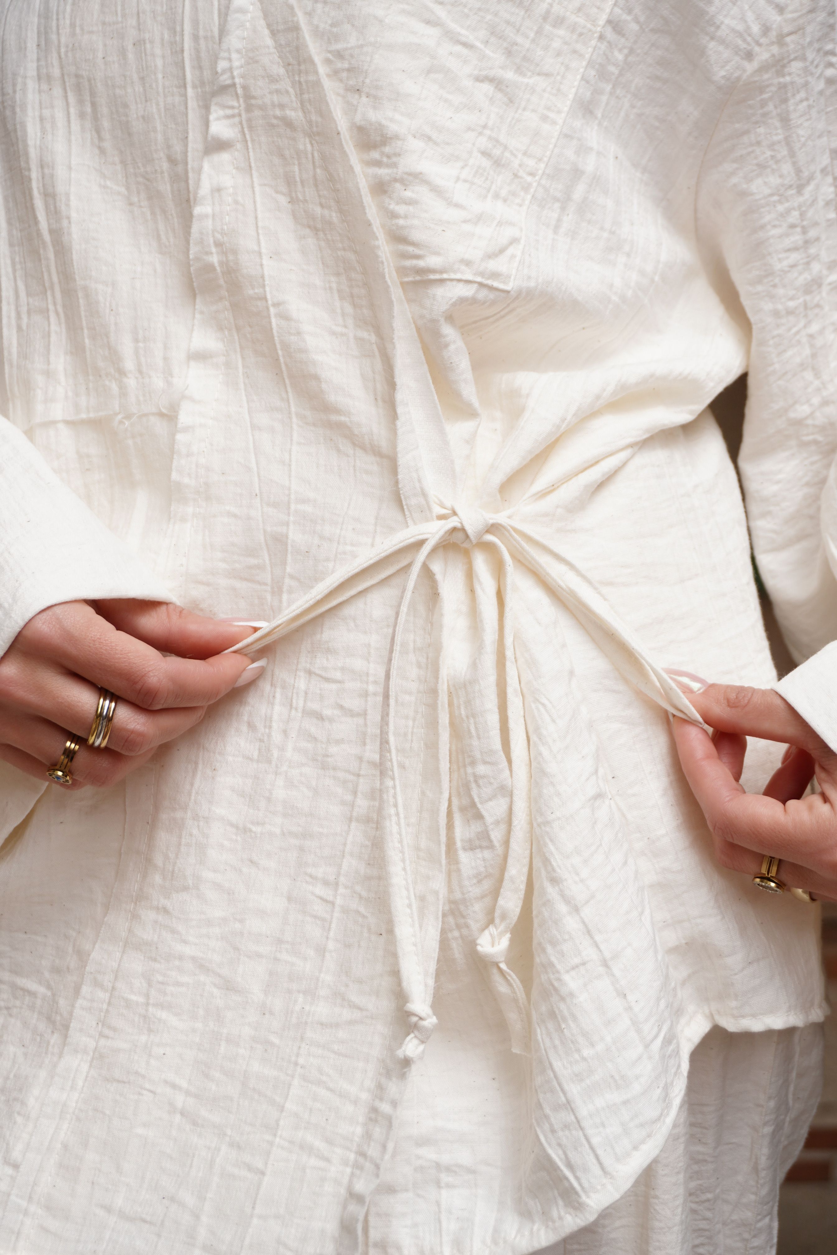 Marka Model Ekru Müslin Kumaş Kimono Gömlek Şalvar Pantolon Takım