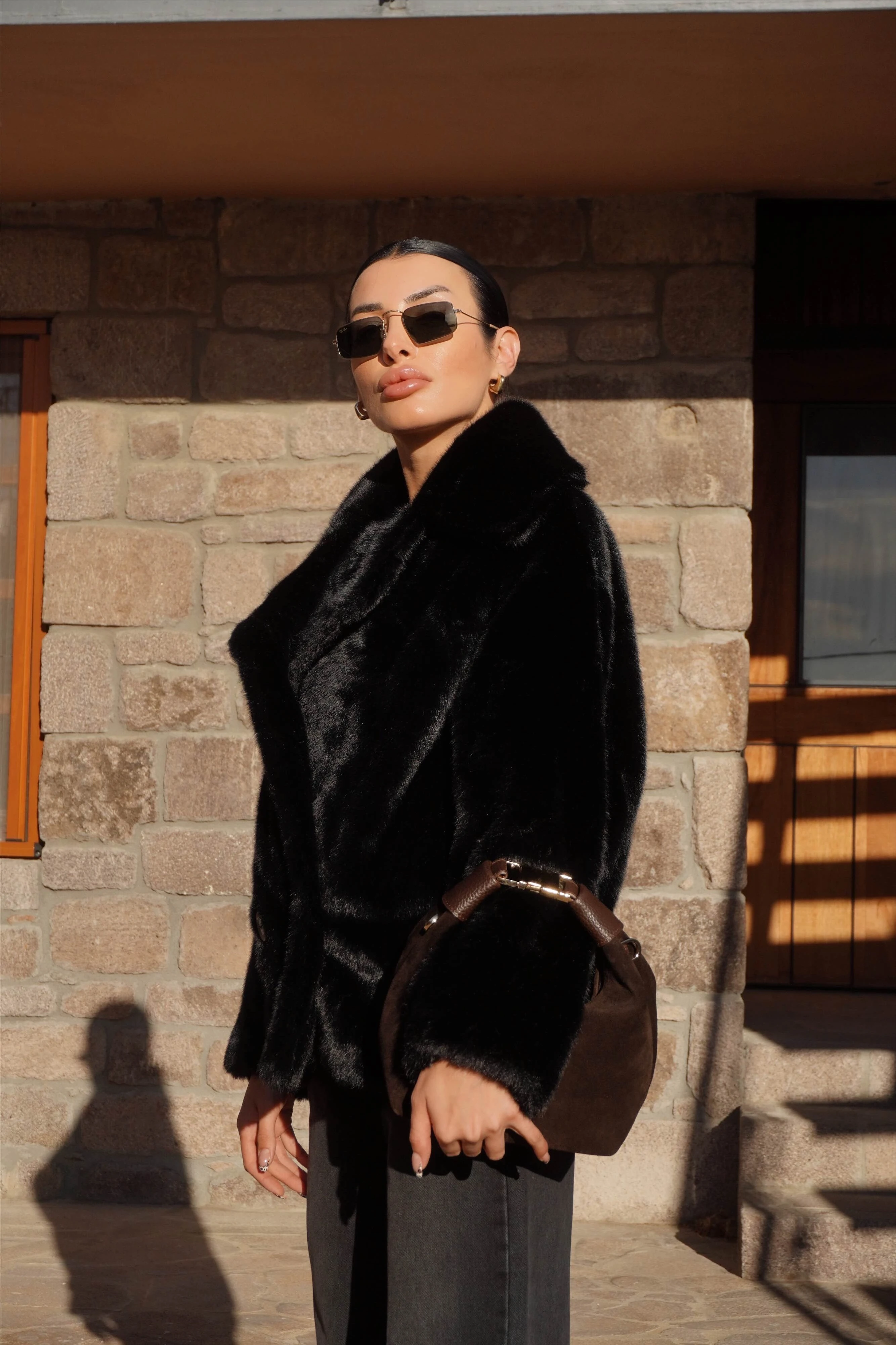 İthal Premium Siyah Peluş Ceket Kürk