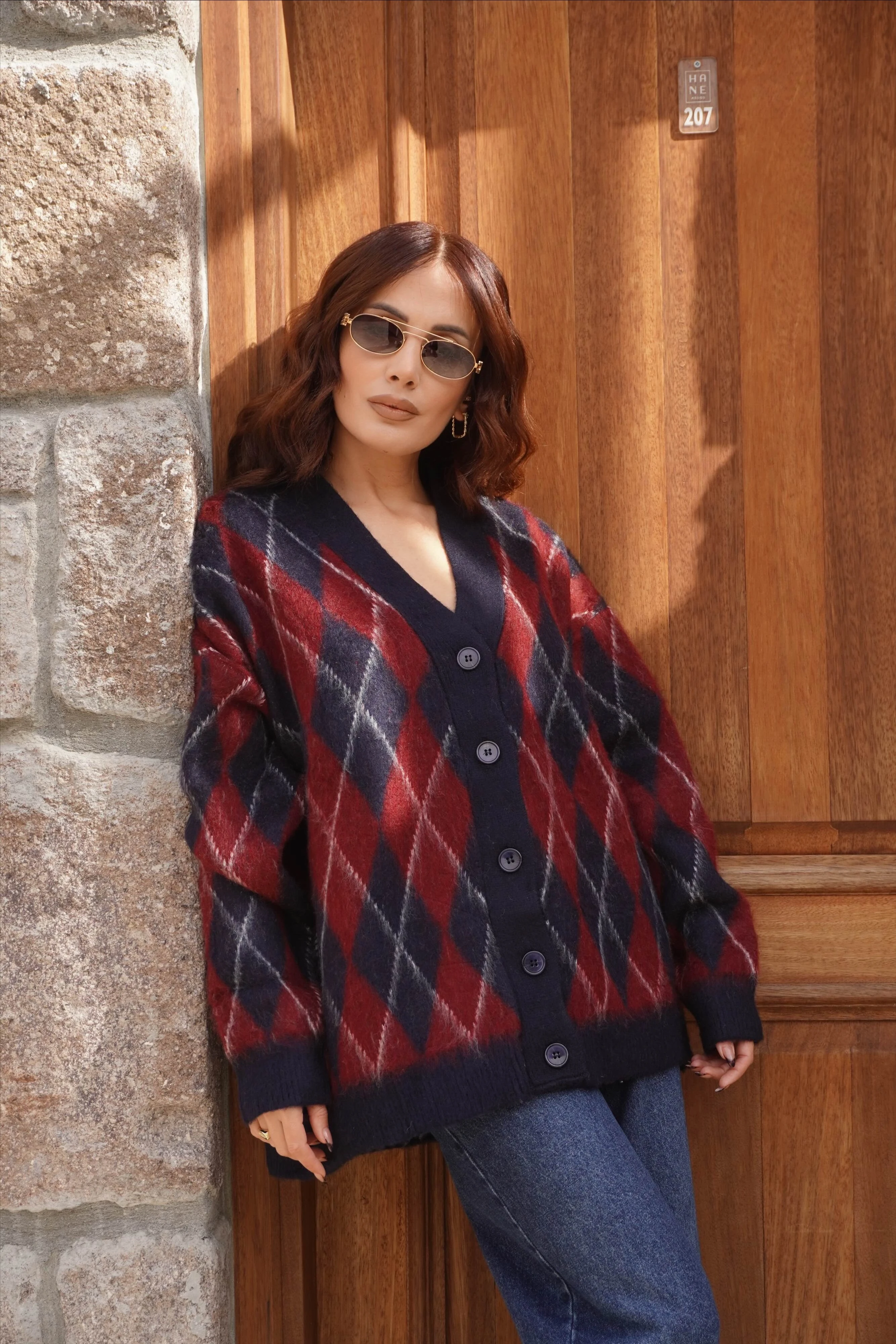 Oversize Standart Beden Baklava Desen Sakallı Hırka