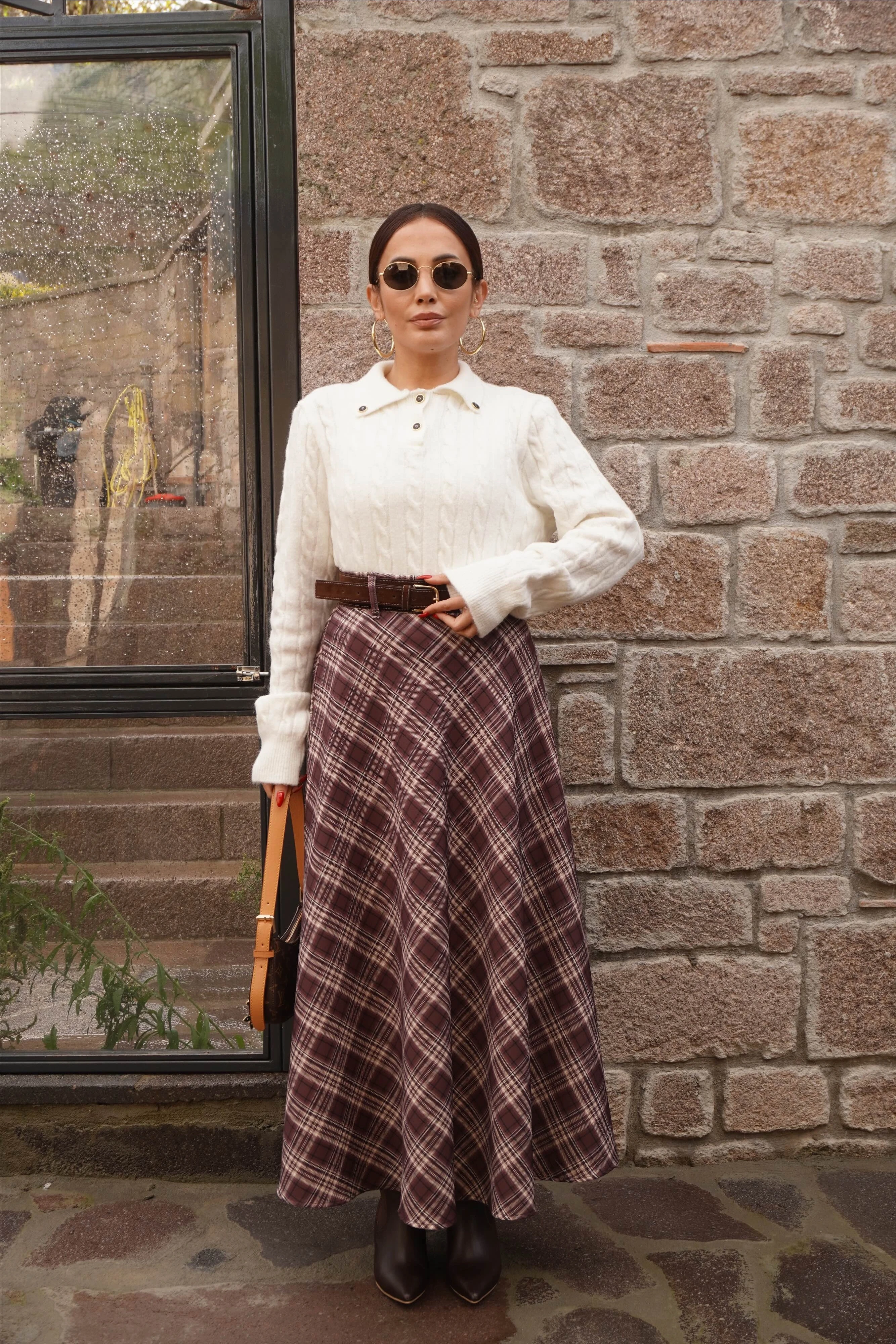 Kemer Aksesuarlı Ekose Etek