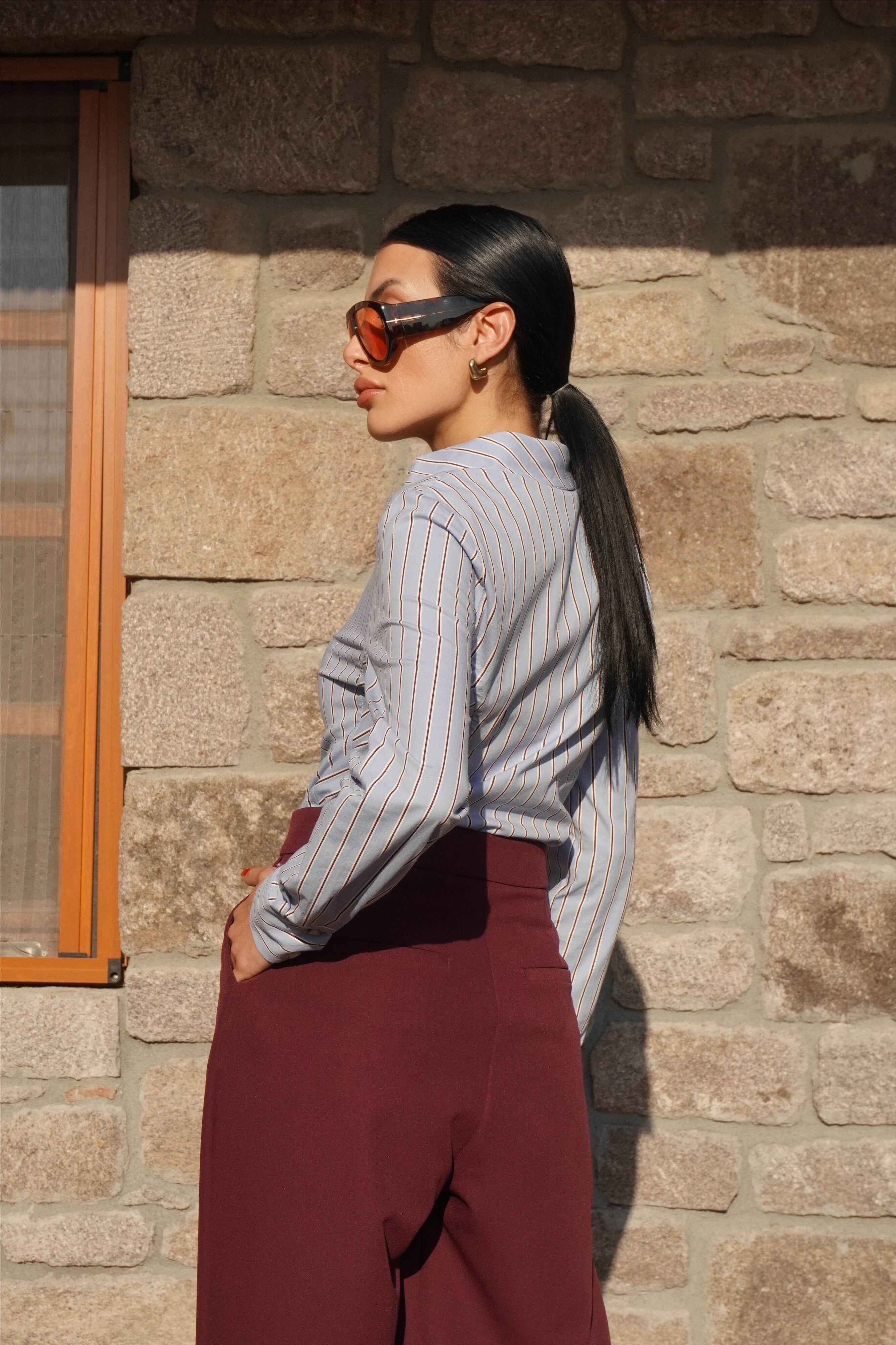 Bordo Çizgi Detaylı Bebe Mavi Gömlek 