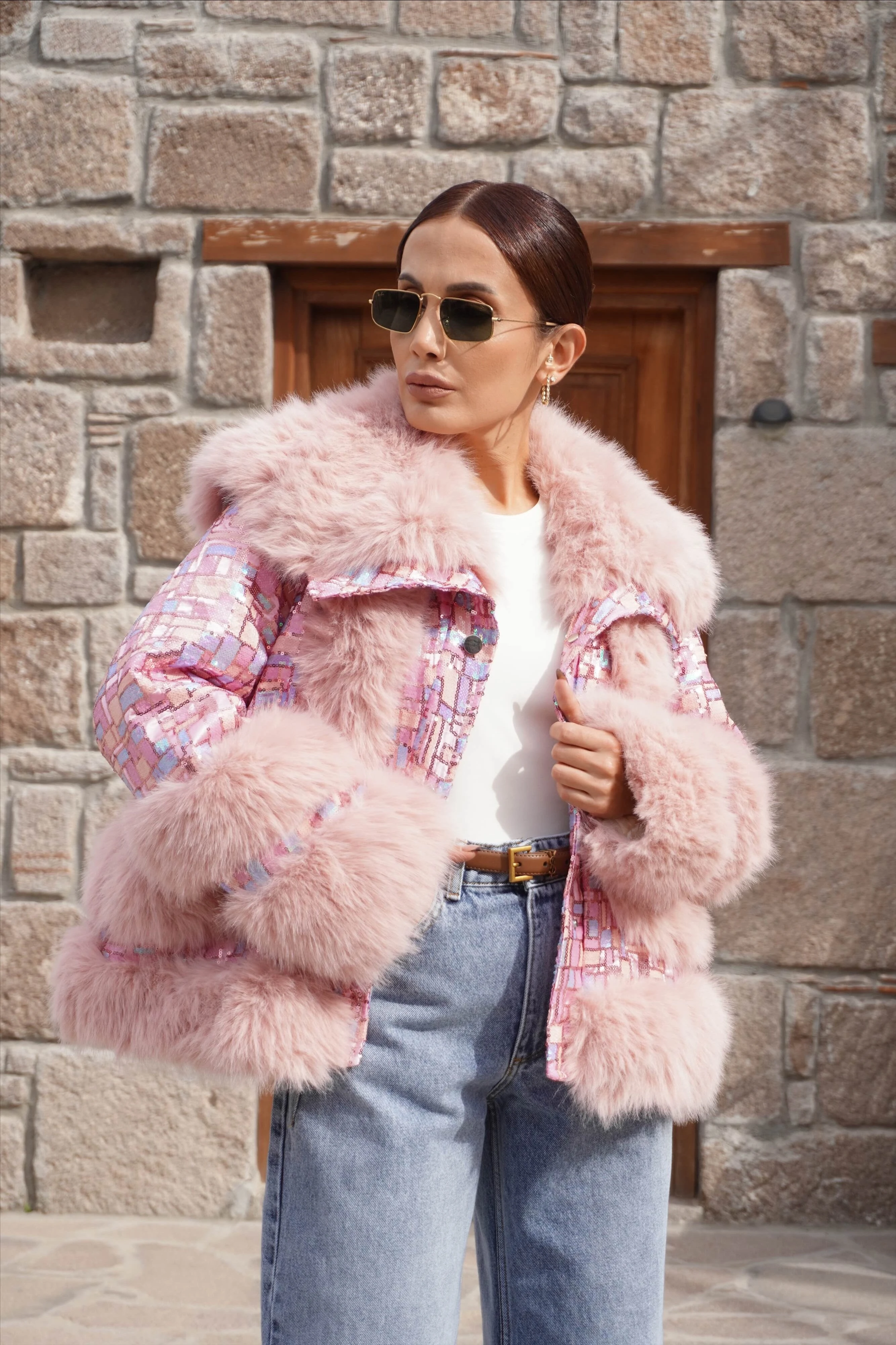 İthal Tasarım Premium Pembe Kürk Detaylı Mont