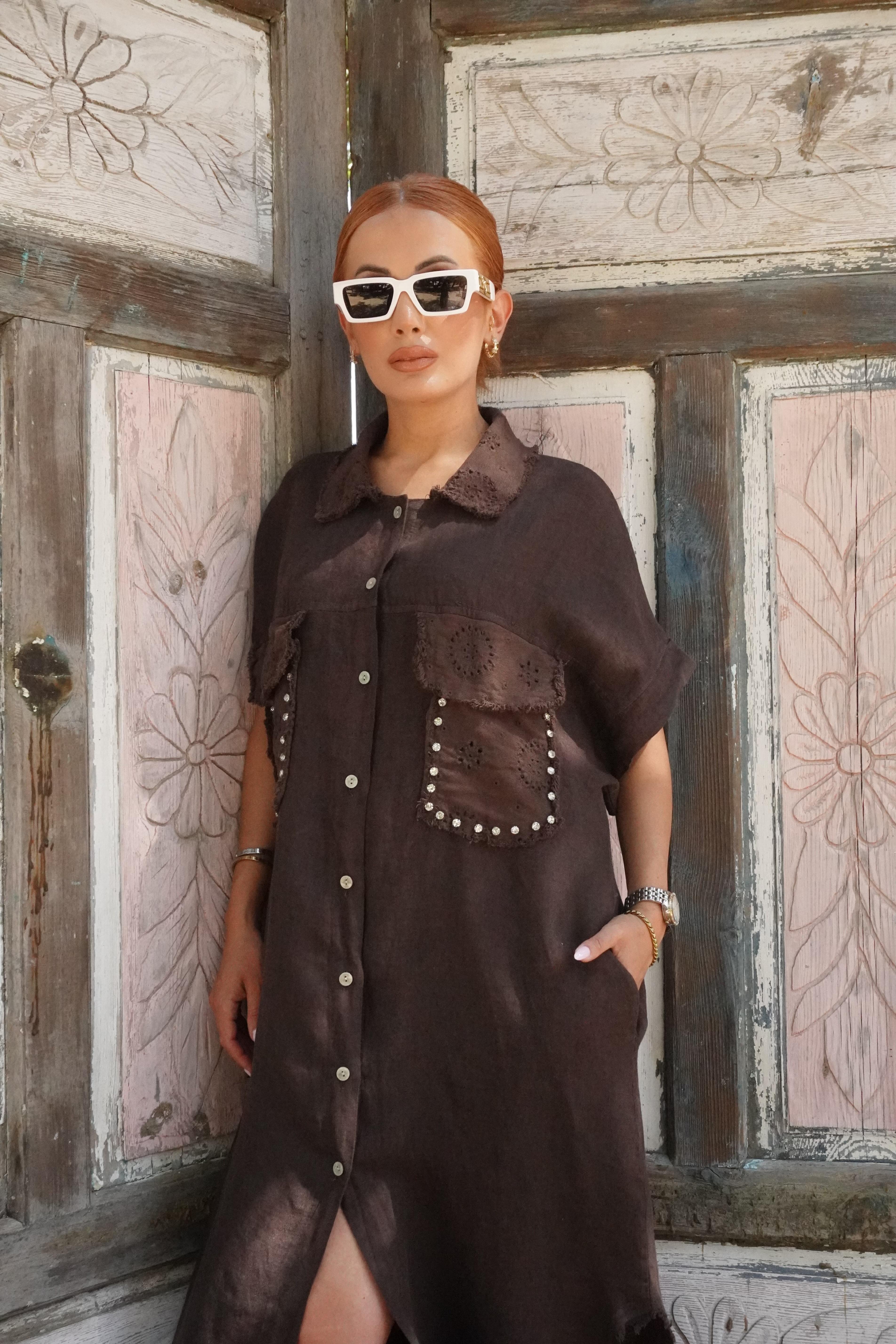 %100 Keten Acı Kahve İthal Taş Aksesuarlı Oversize Elbise 
