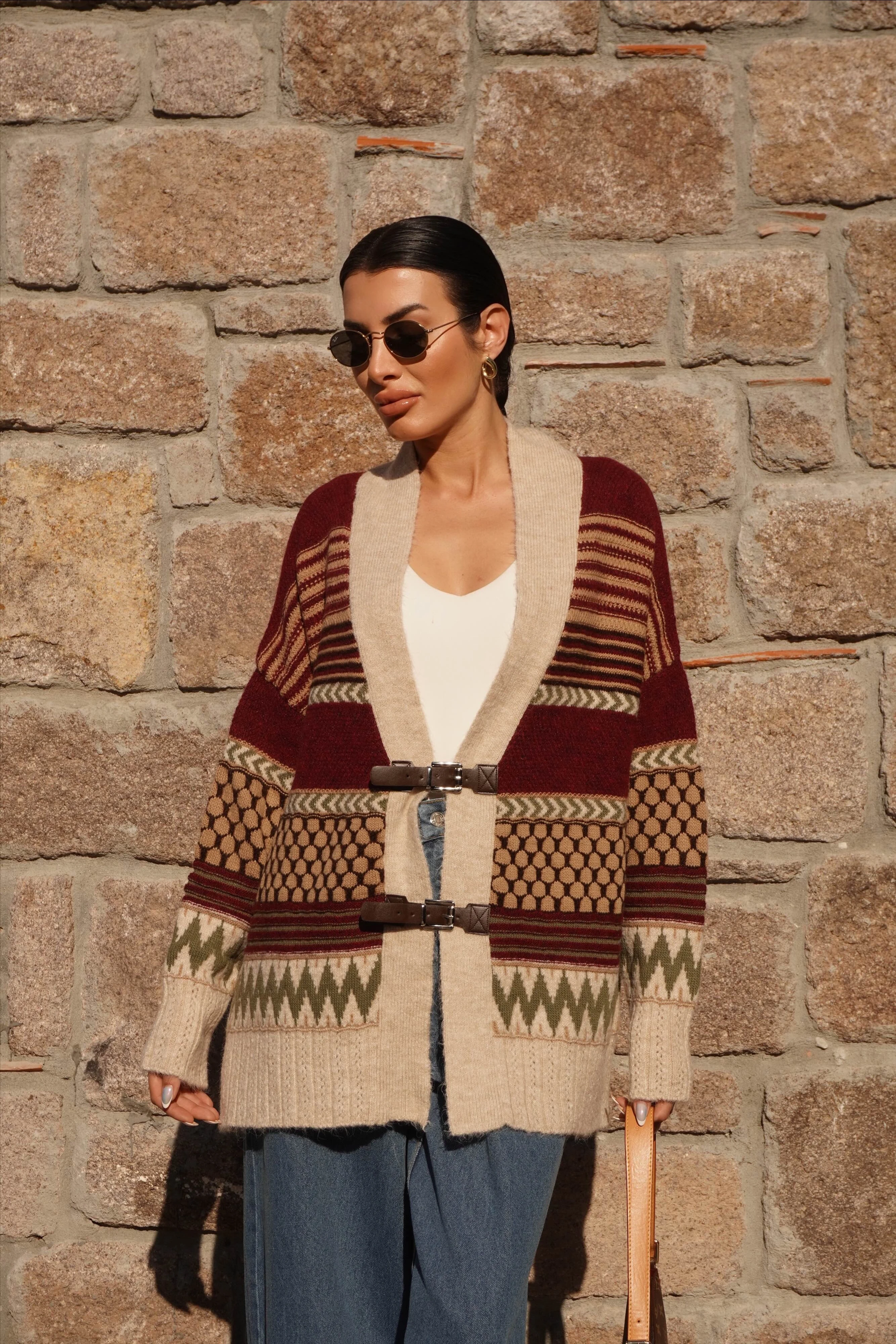 Kemer Detaylı Oversiz Taş-Bordo Hırka