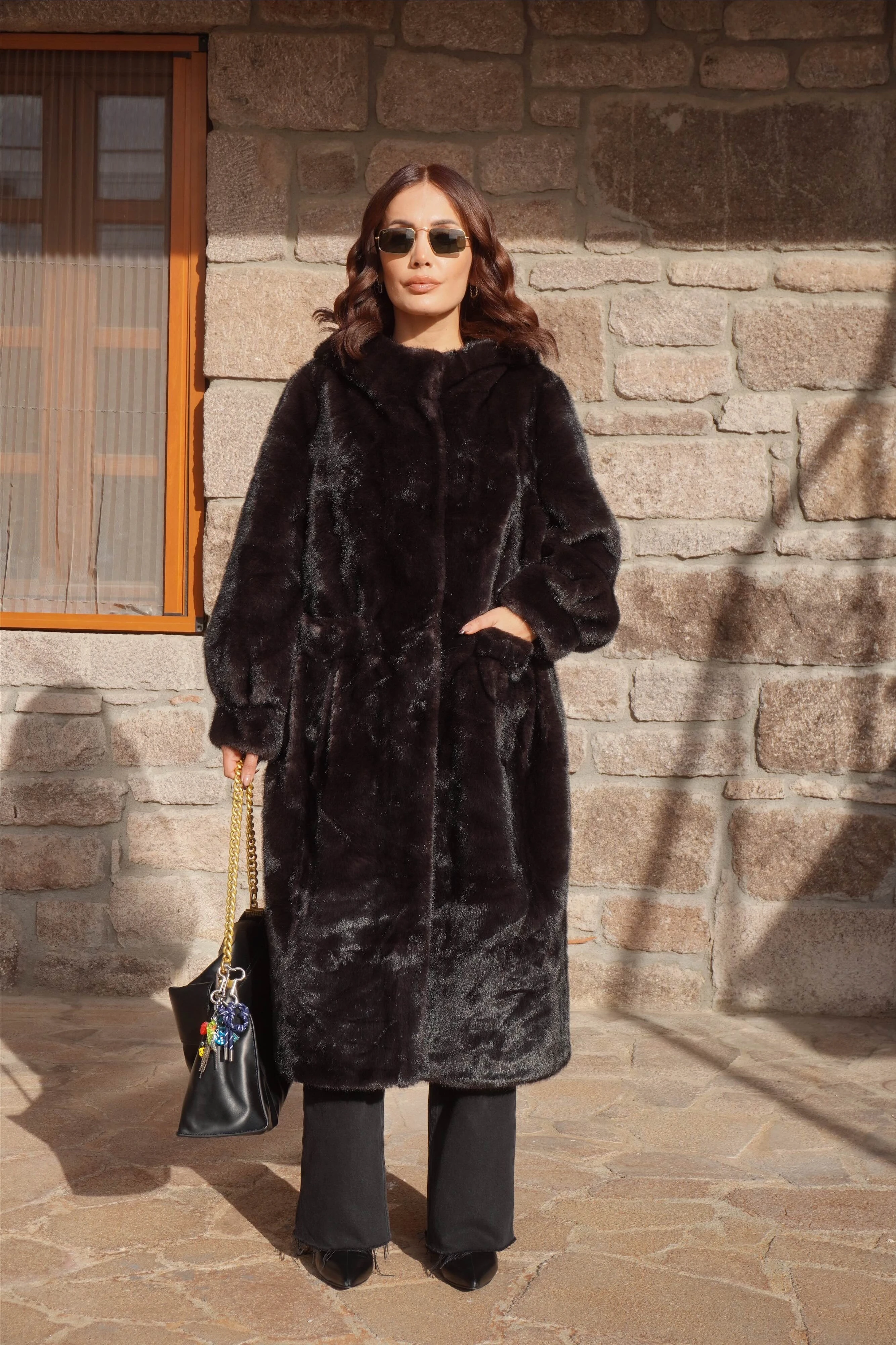 İthal Premium Vintage Görünümlü Kapüşonlu Acı Kahve Lüx Kürk Mont