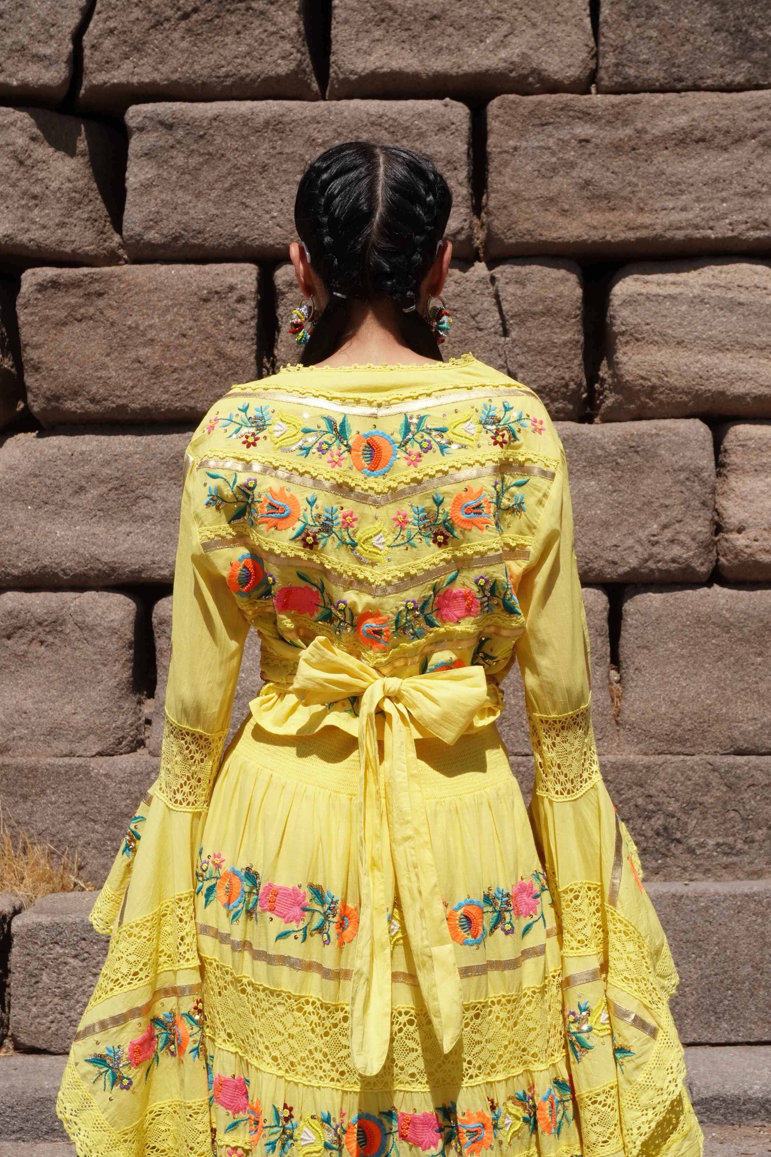 İthal Tasarım Premium El Yapımı Nakışlı Boncuklu Asimetrik Etek Kimono Takım Sarı