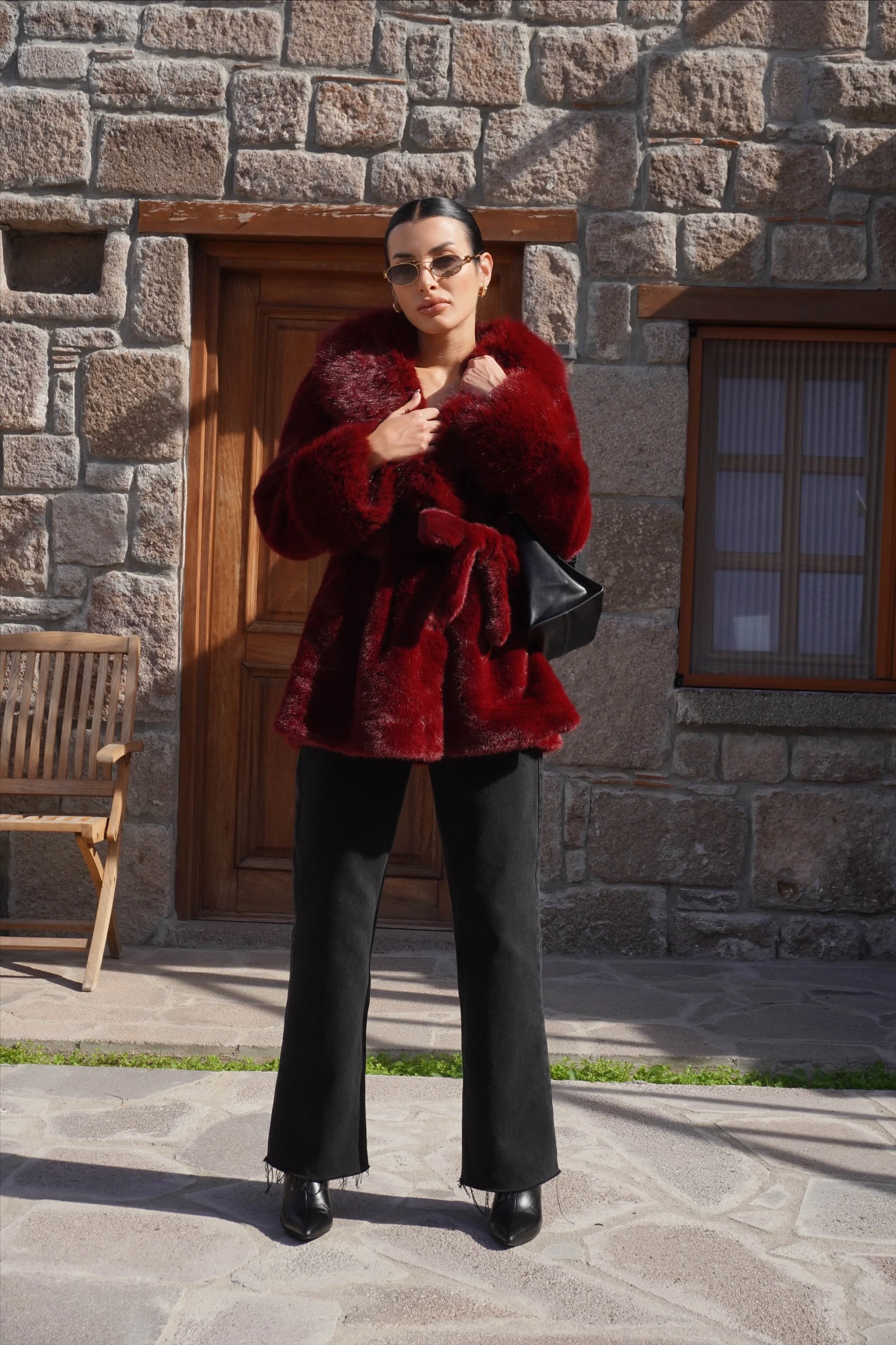 İthal Premium Kürk Yaka Bordo Peluş Kaban 