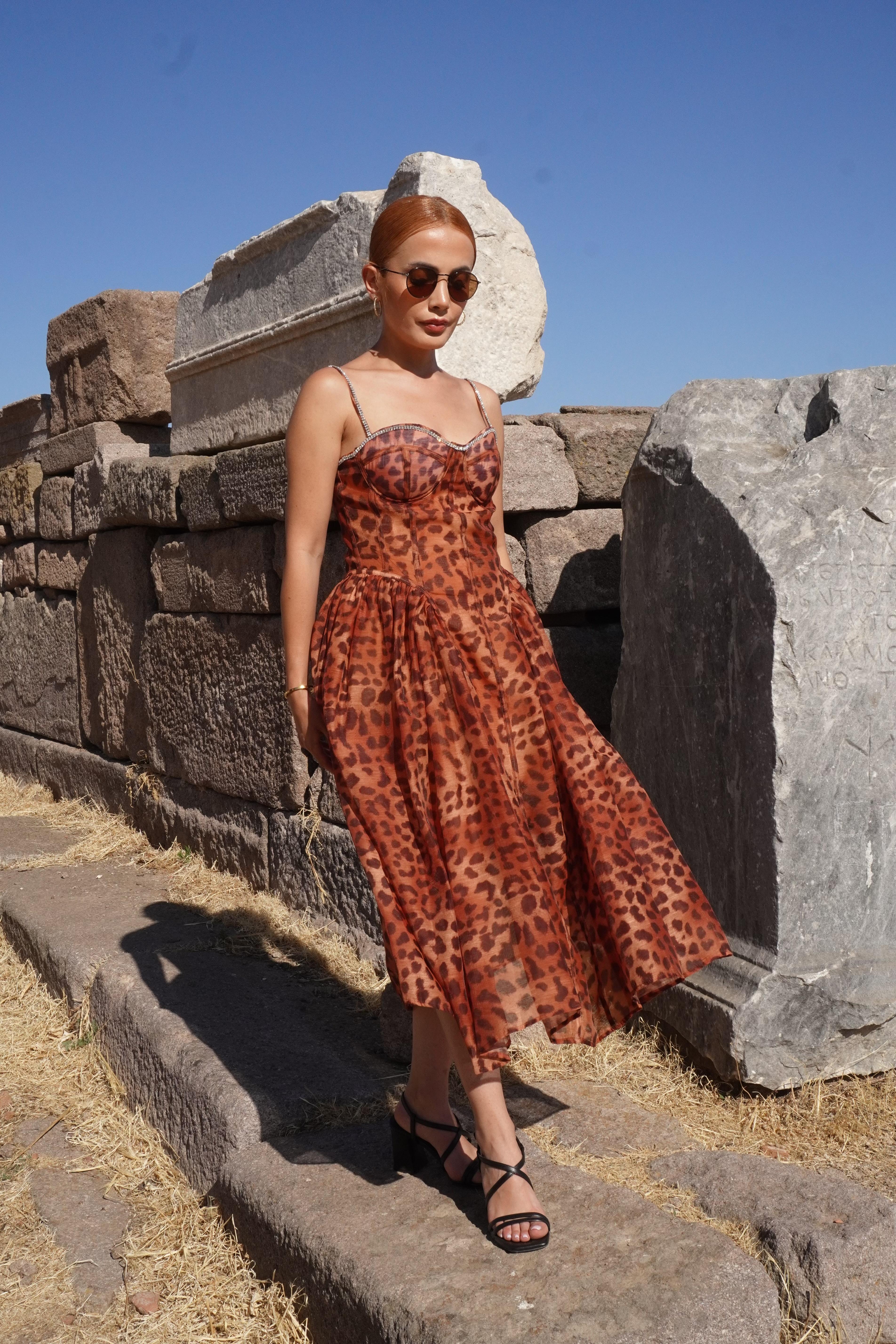 İthal Premium Leopar Desen Askılı Korse Detaylı Şifon Elbise