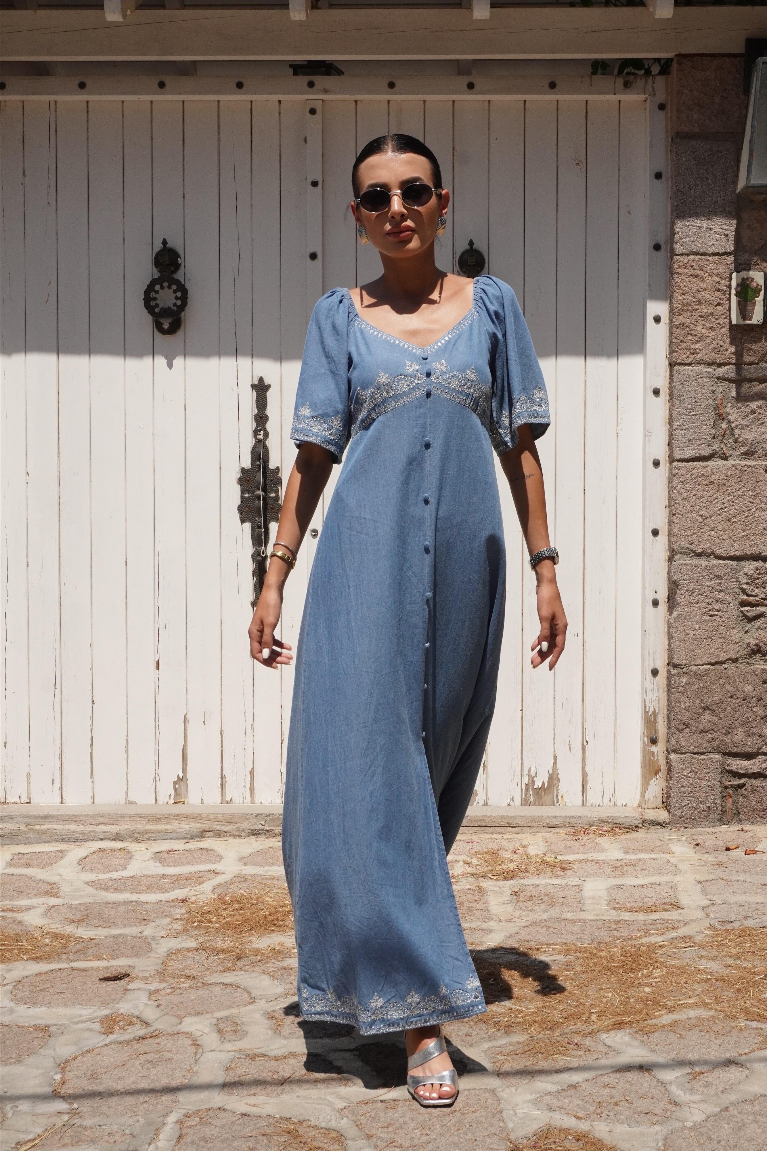 Premium Pull Boncuk Nakış Detaylı İnce Maxi Denim Elbise 