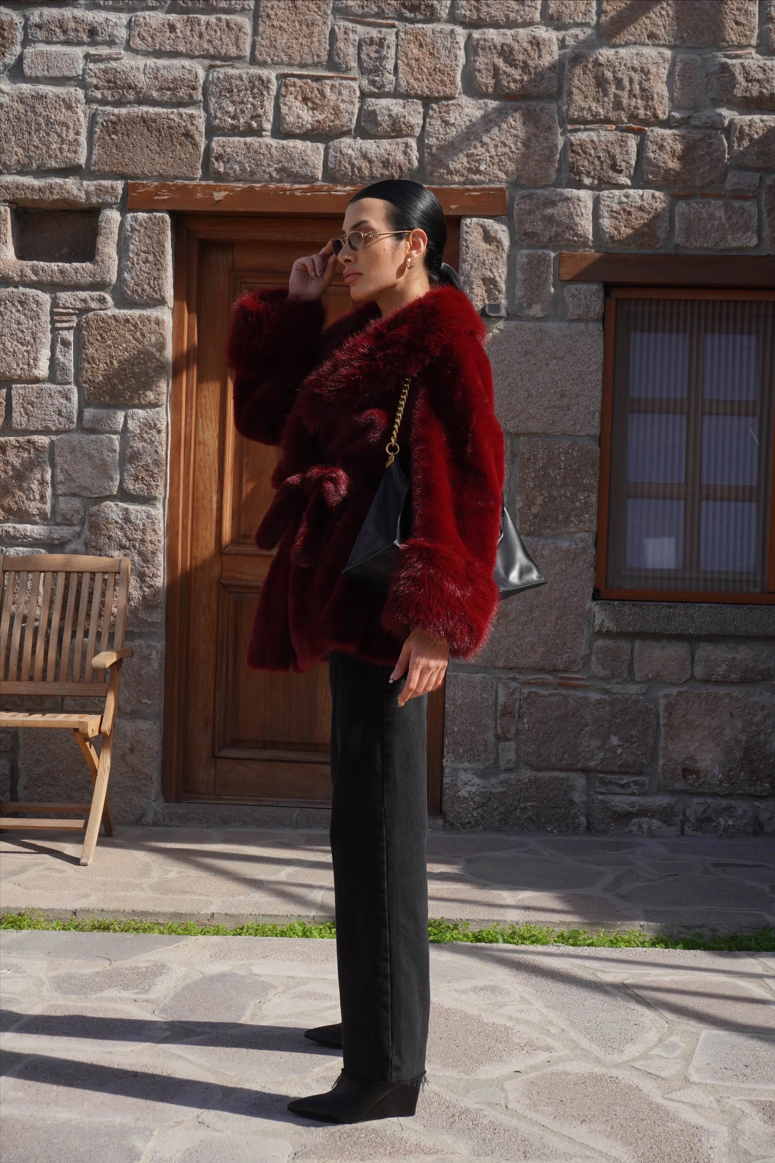 İthal Premium Kürk Yaka Bordo Peluş Kaban 