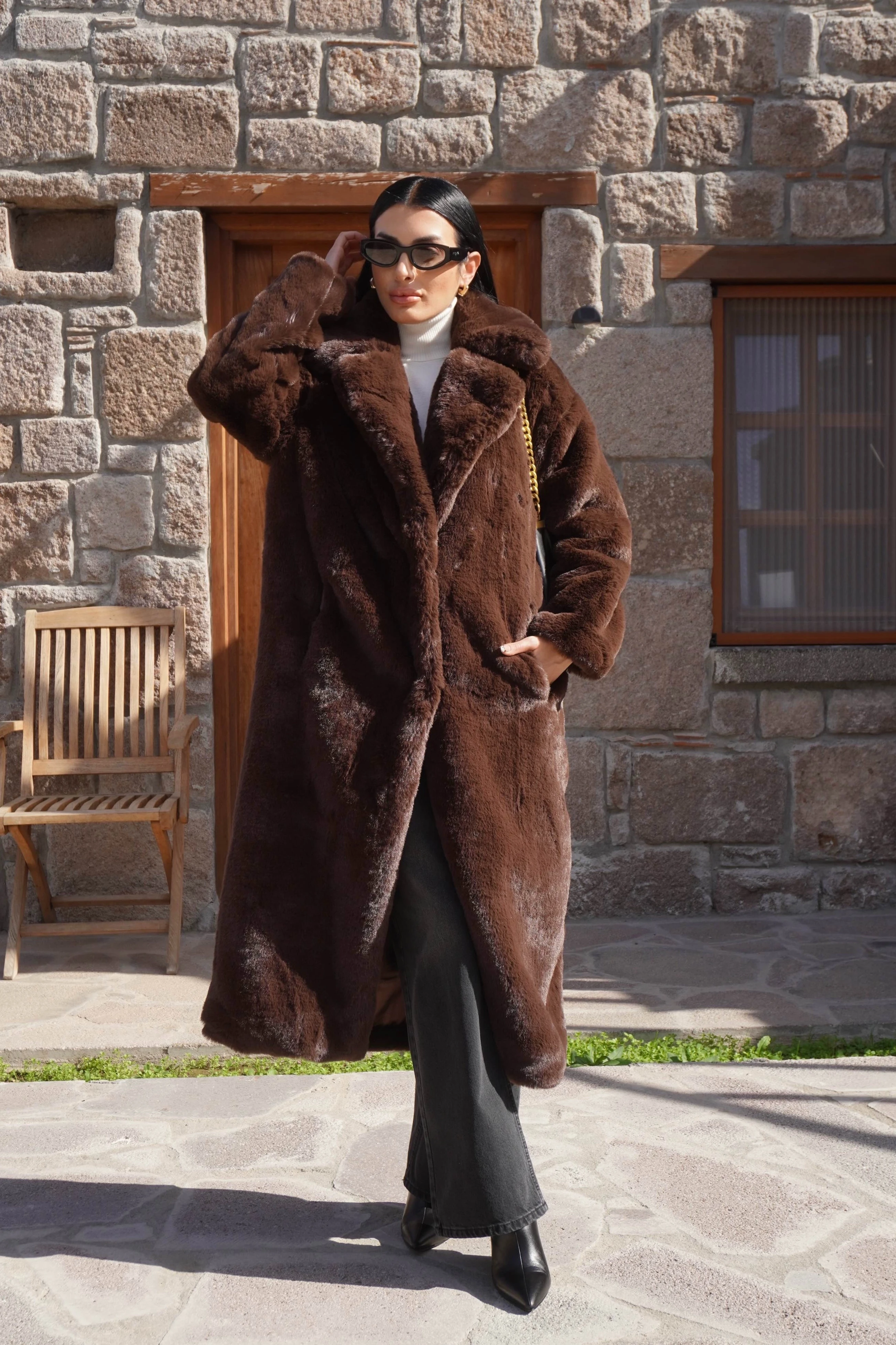 Premium Kahverengi Peluş Tam Boy Kürk Kaban 