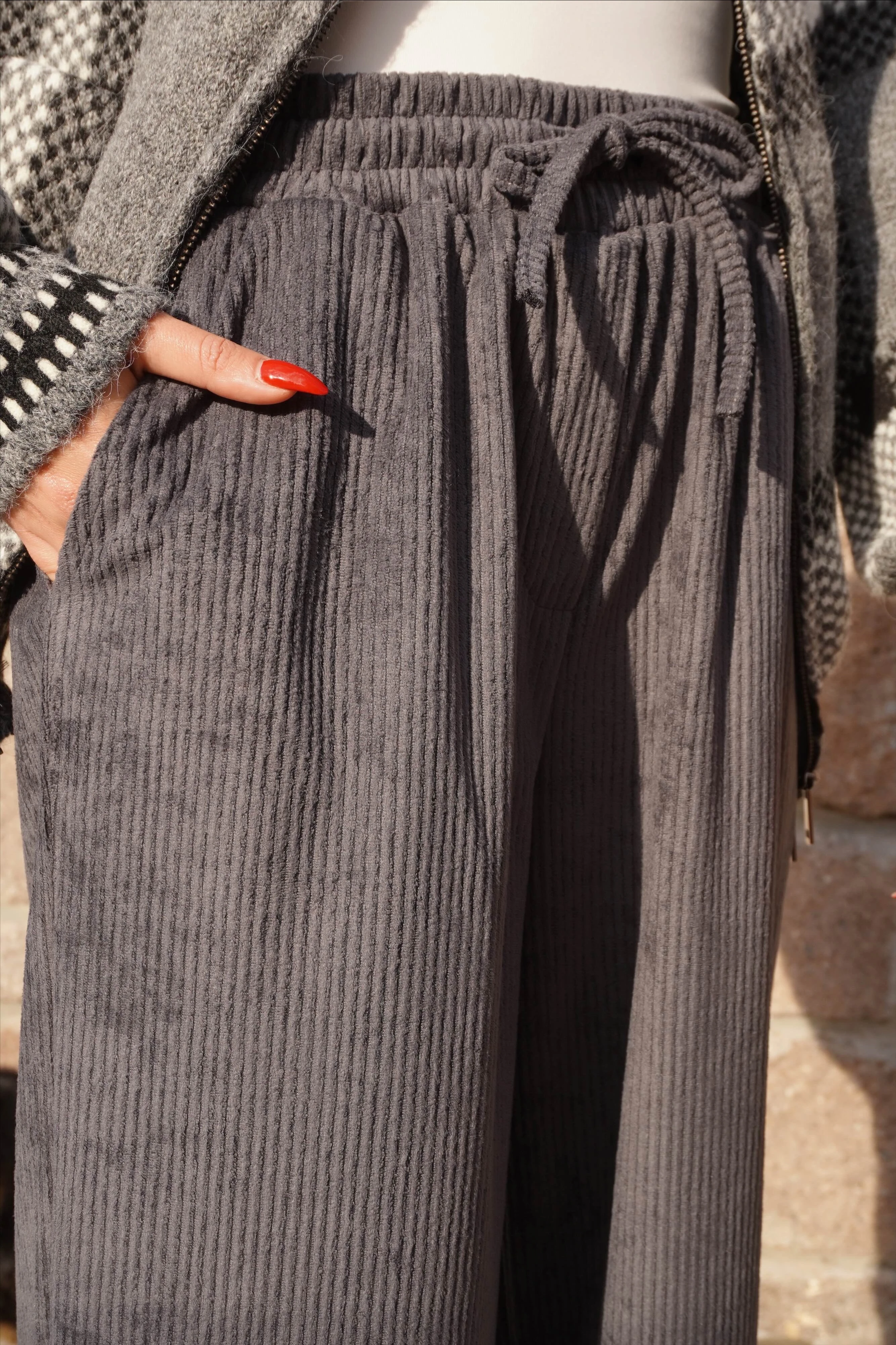 Beli Lastikli Fitilli Füme Kadife Pantolon