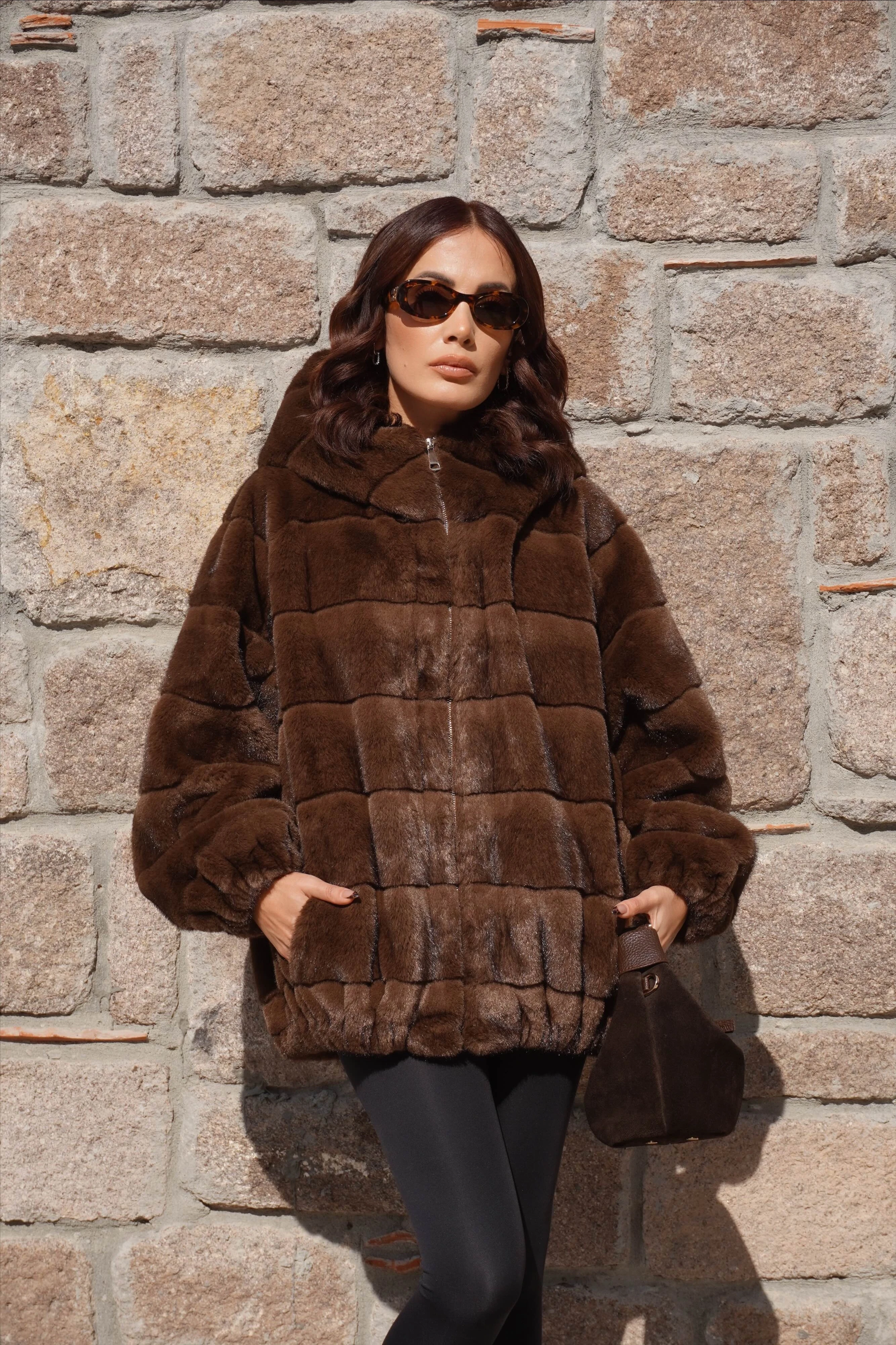 İthal Premium Oversize Kahverengi Kürk Mont