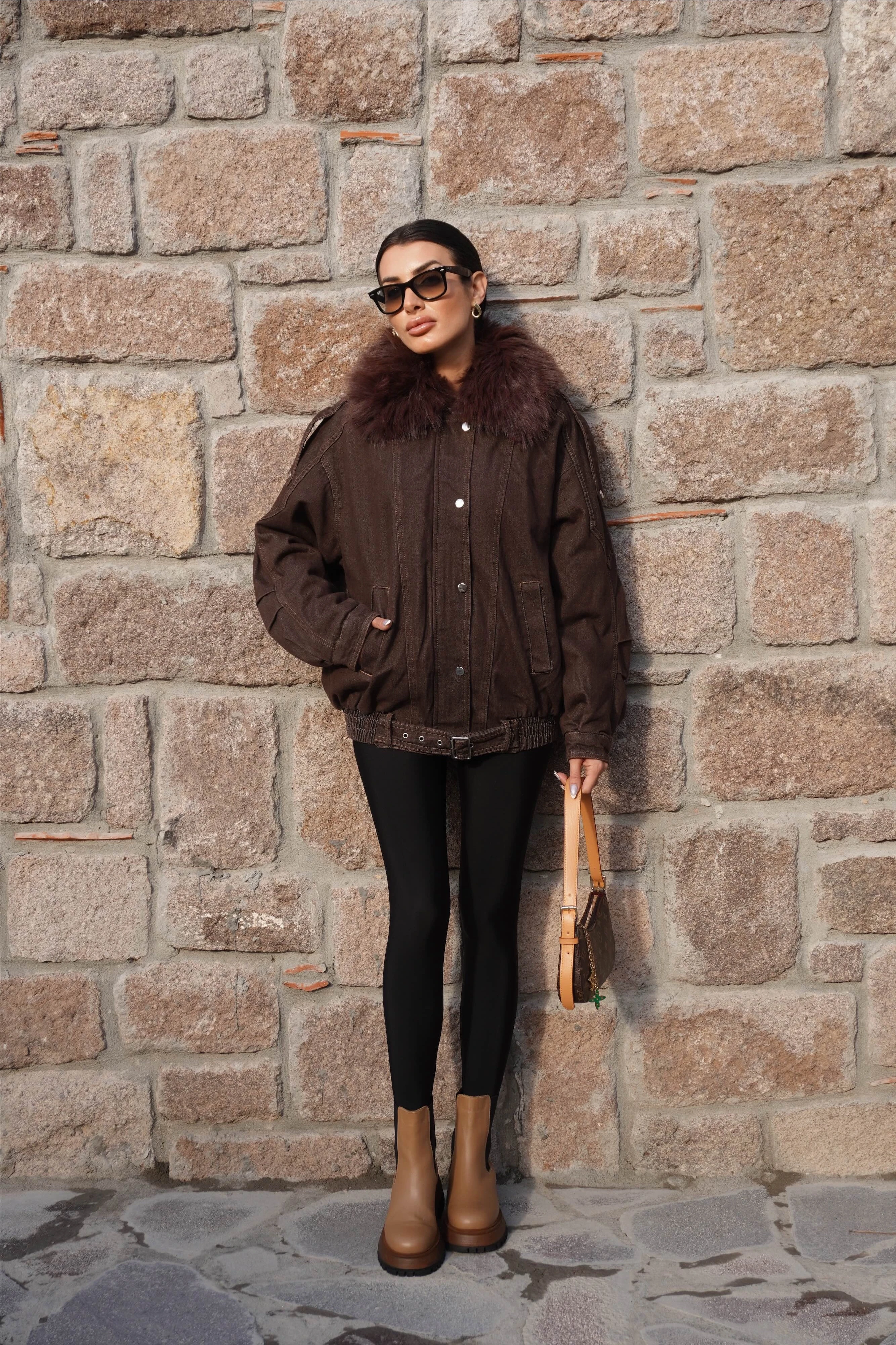 Kürk Yaka İç Kürklü Kahve Mont
