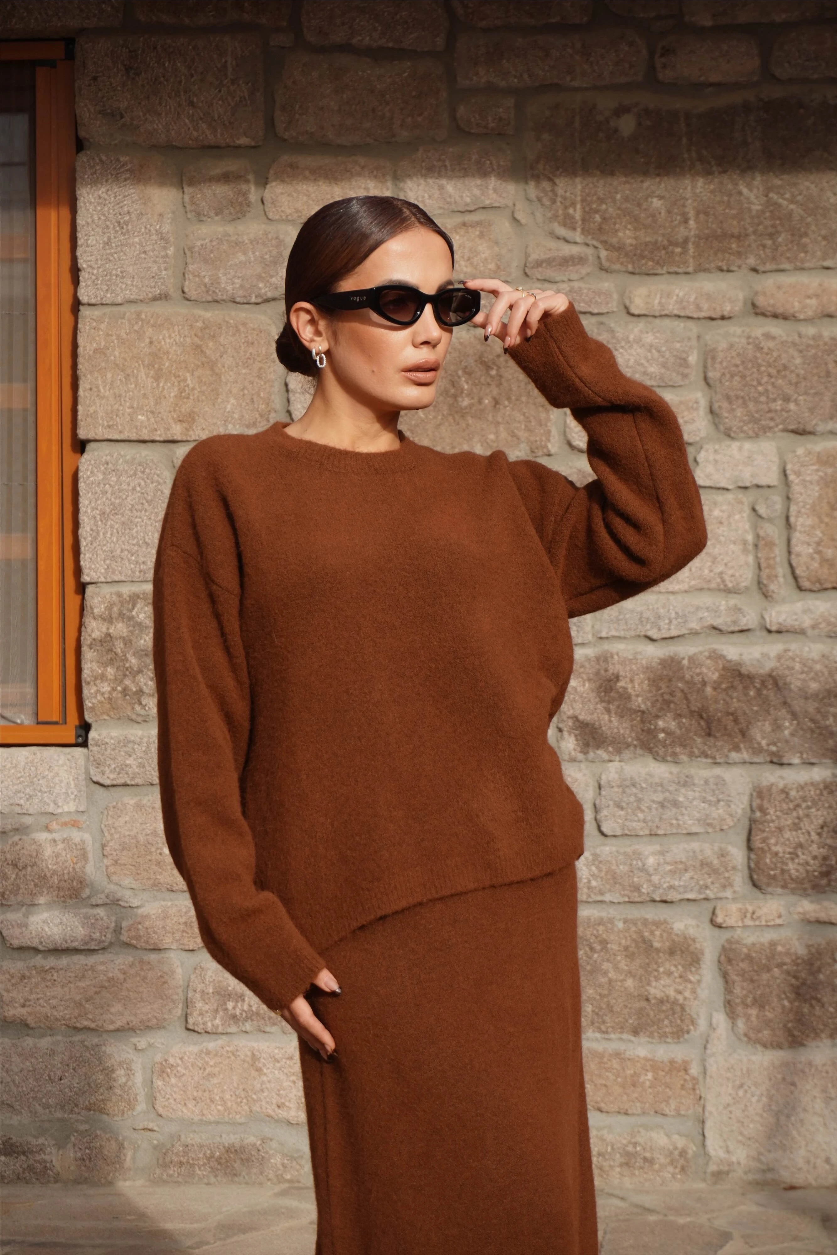 Premium Tarçın Renk Etek Kazak Triko Takım