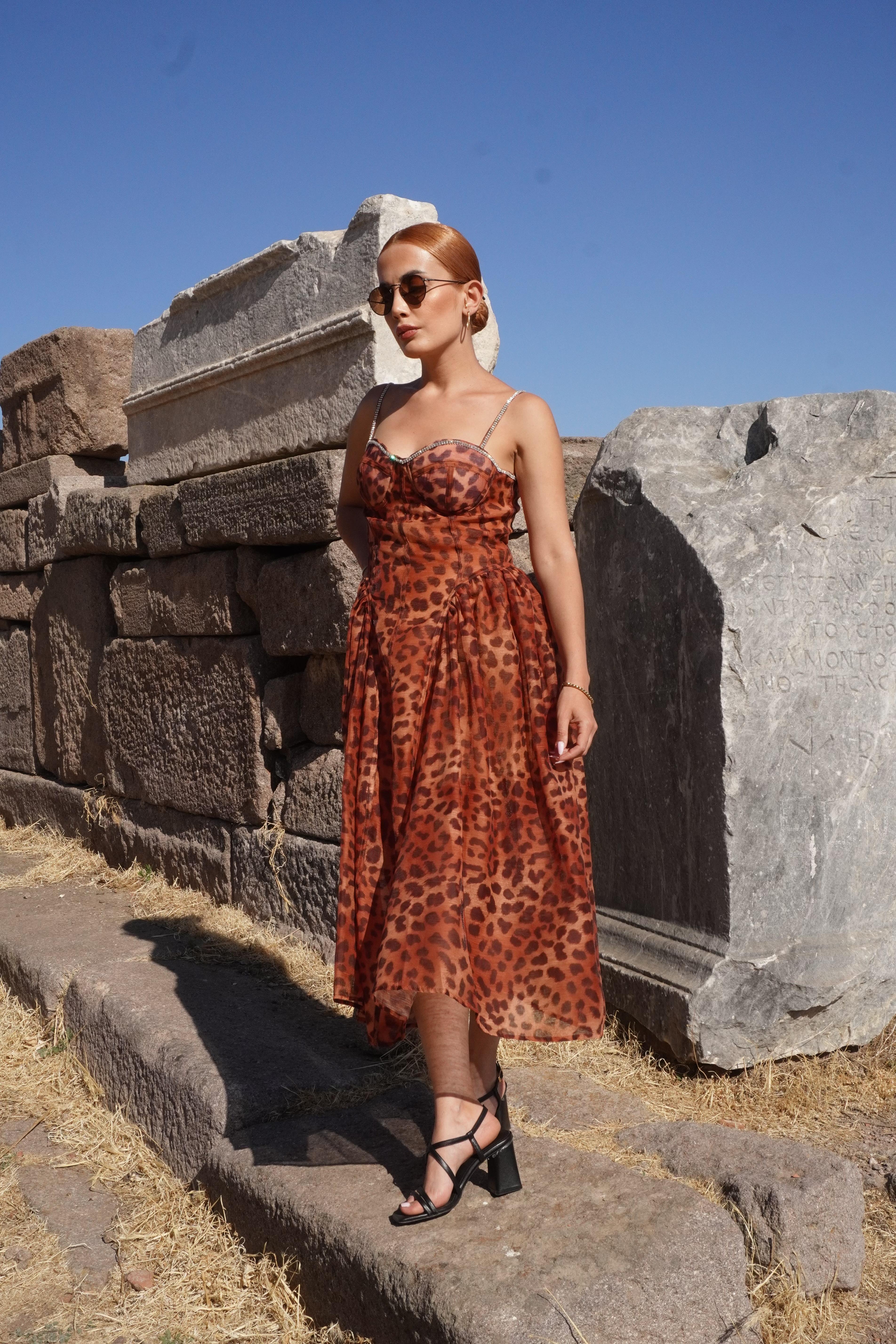İthal Premium Leopar Desen Askılı Korse Detaylı Şifon Elbise