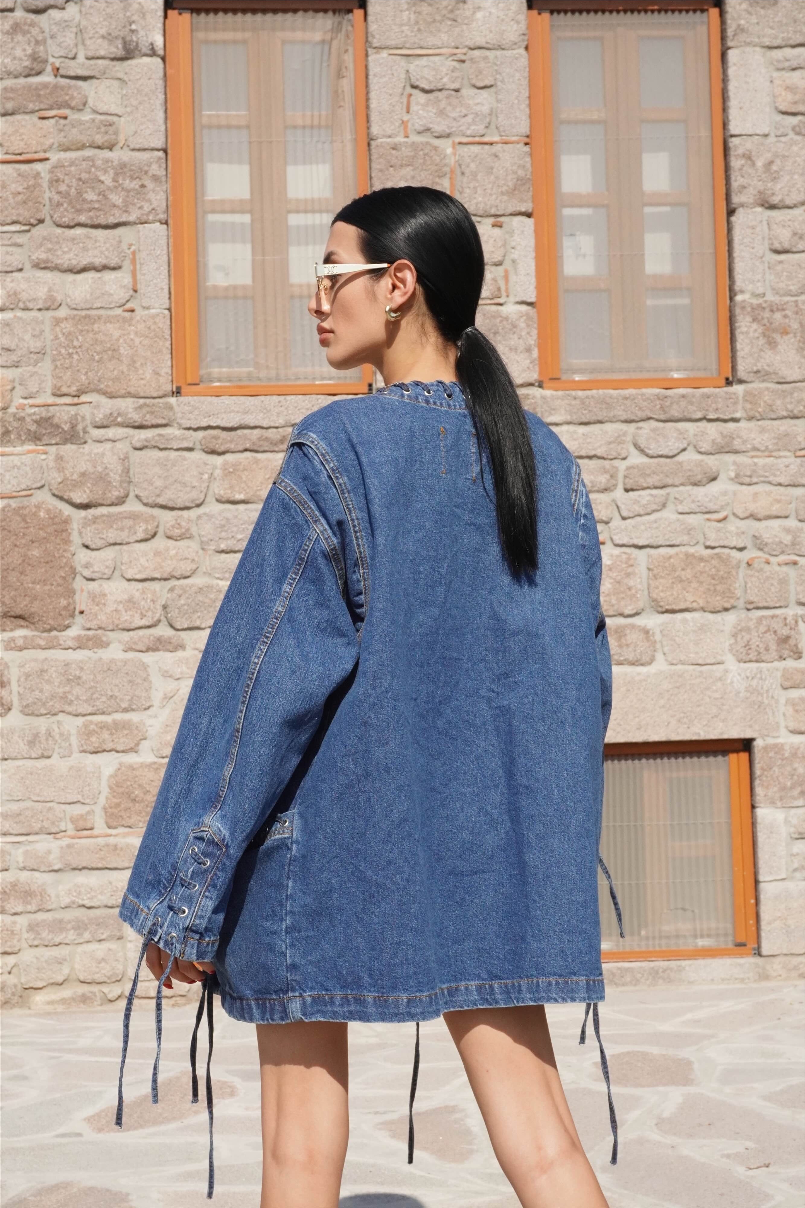 Kuşgözlü Denim Ceket Etek Takım