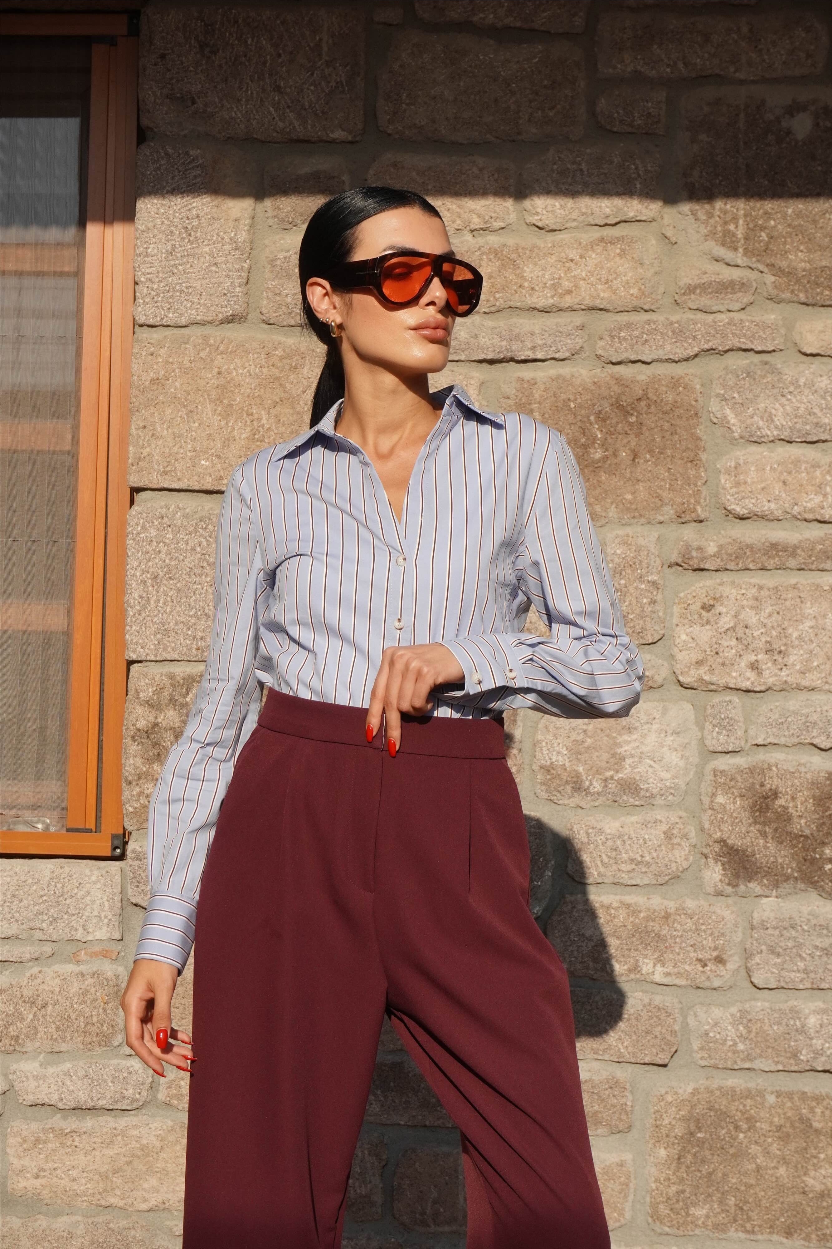Bordo Çizgi Detaylı Bebe Mavi Gömlek 