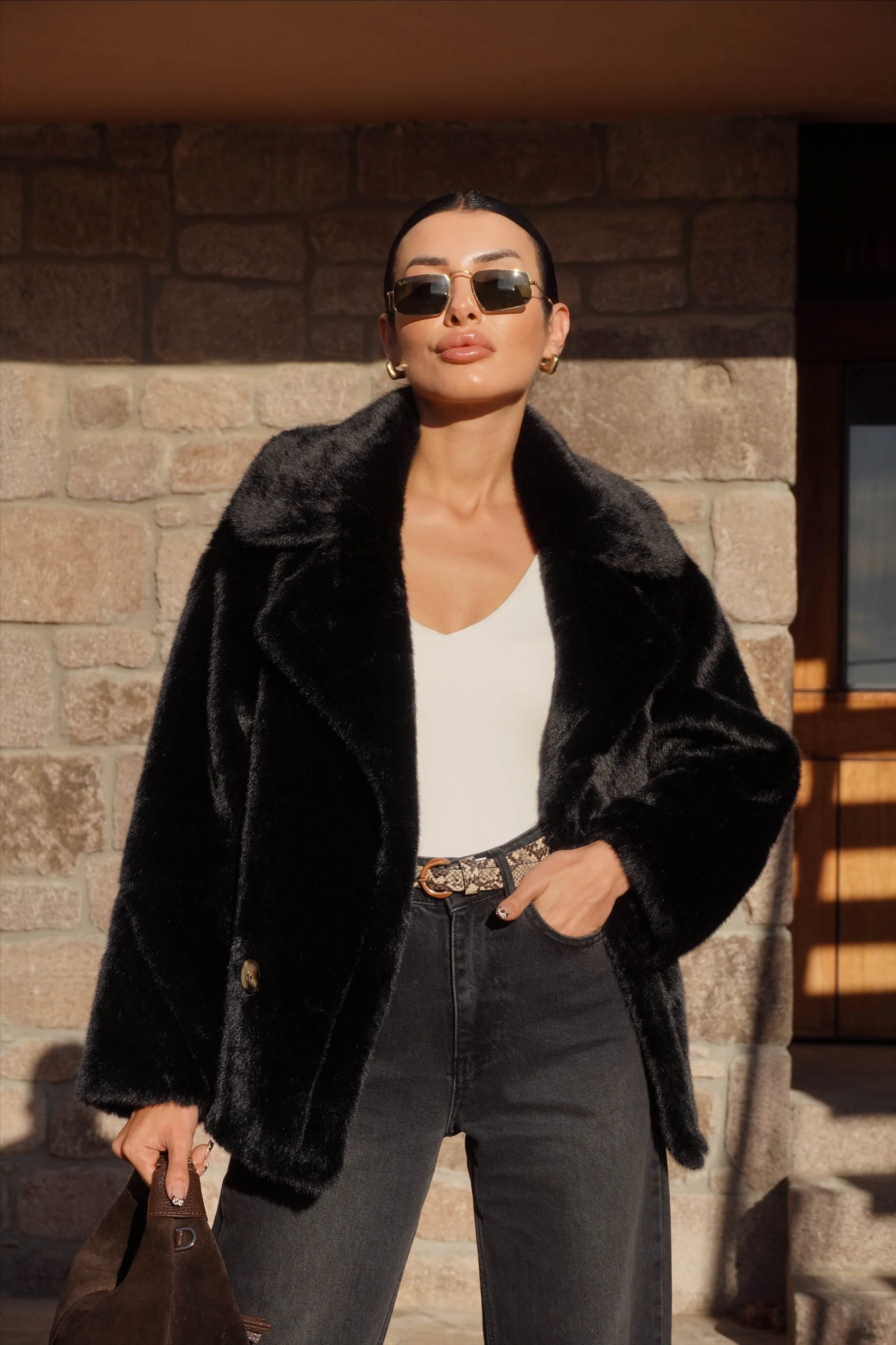 İthal Premium Siyah Peluş Ceket Kürk