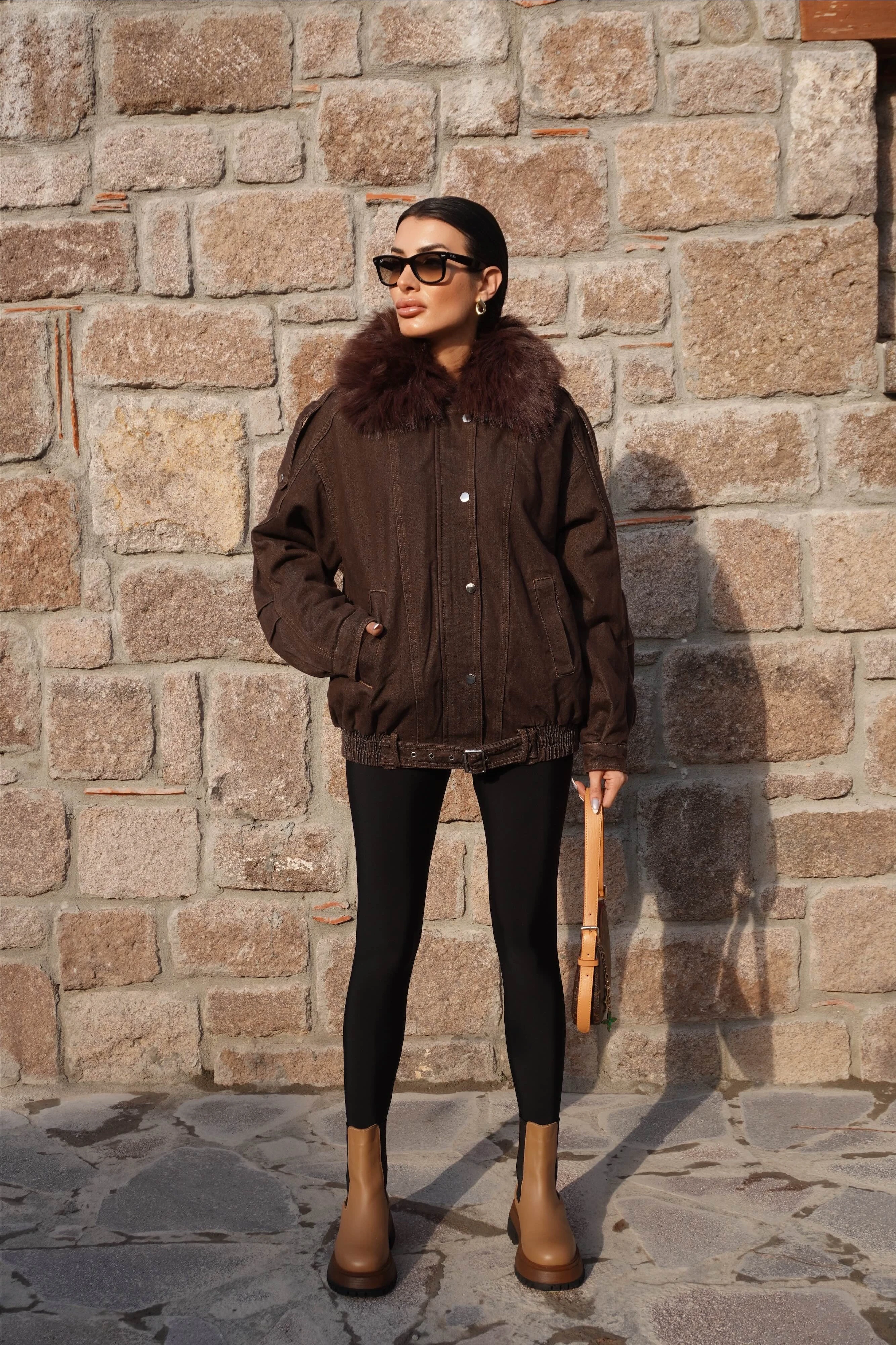 Kürk Yaka İç Kürklü Kahve Mont