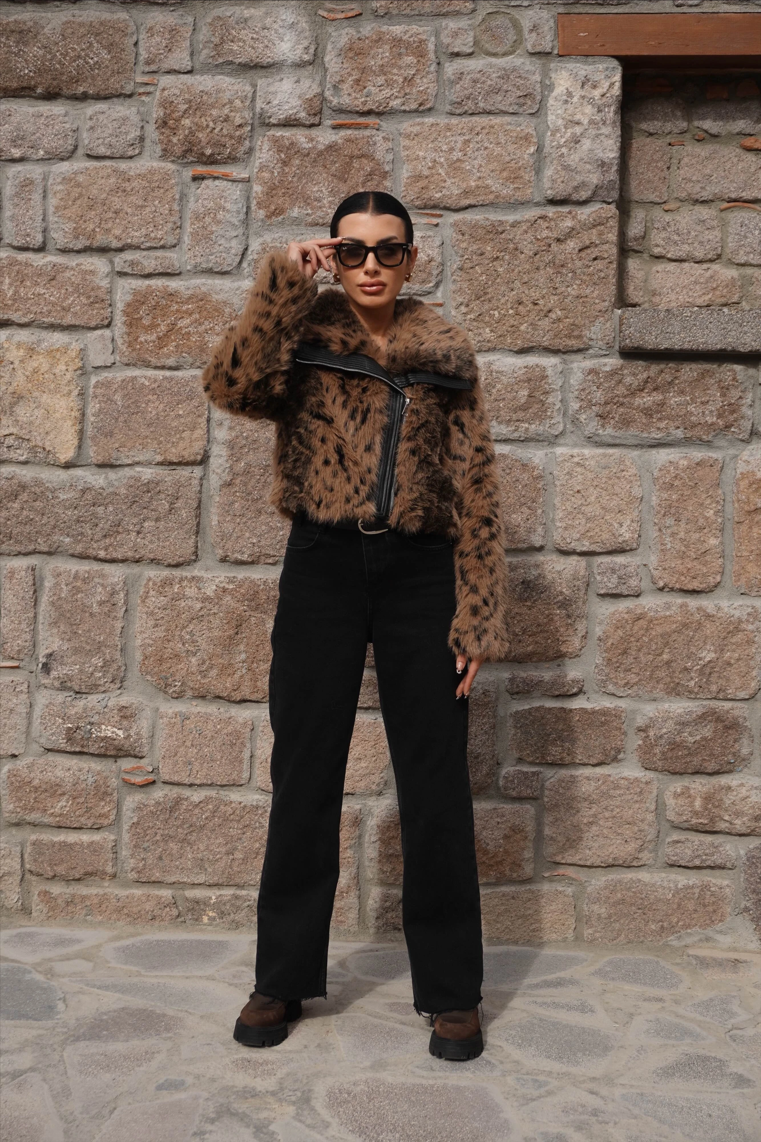 İthal Premium Deri Garnili Leopar Desen Bomber Kürk 