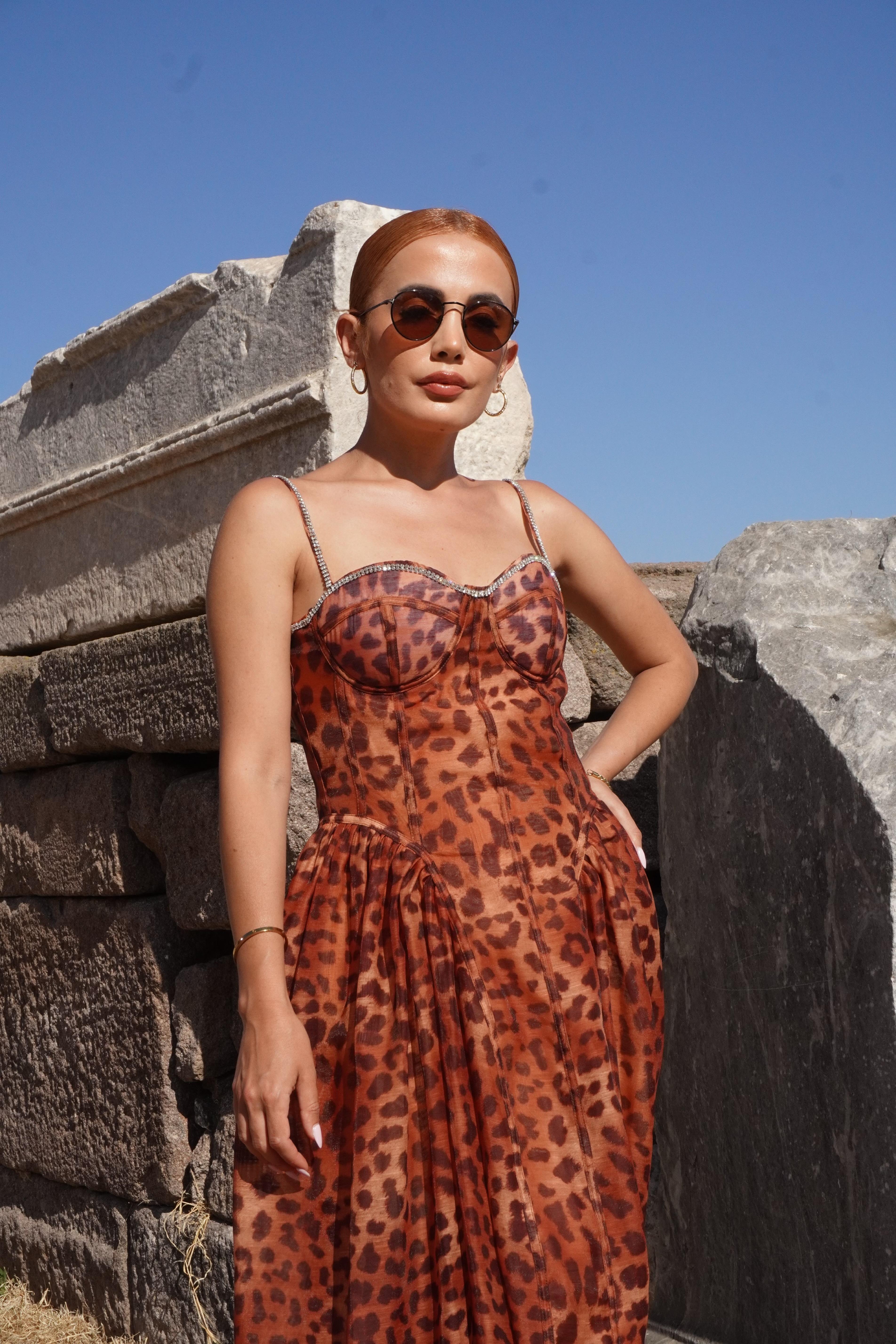 İthal Premium Leopar Desen Askılı Korse Detaylı Şifon Elbise