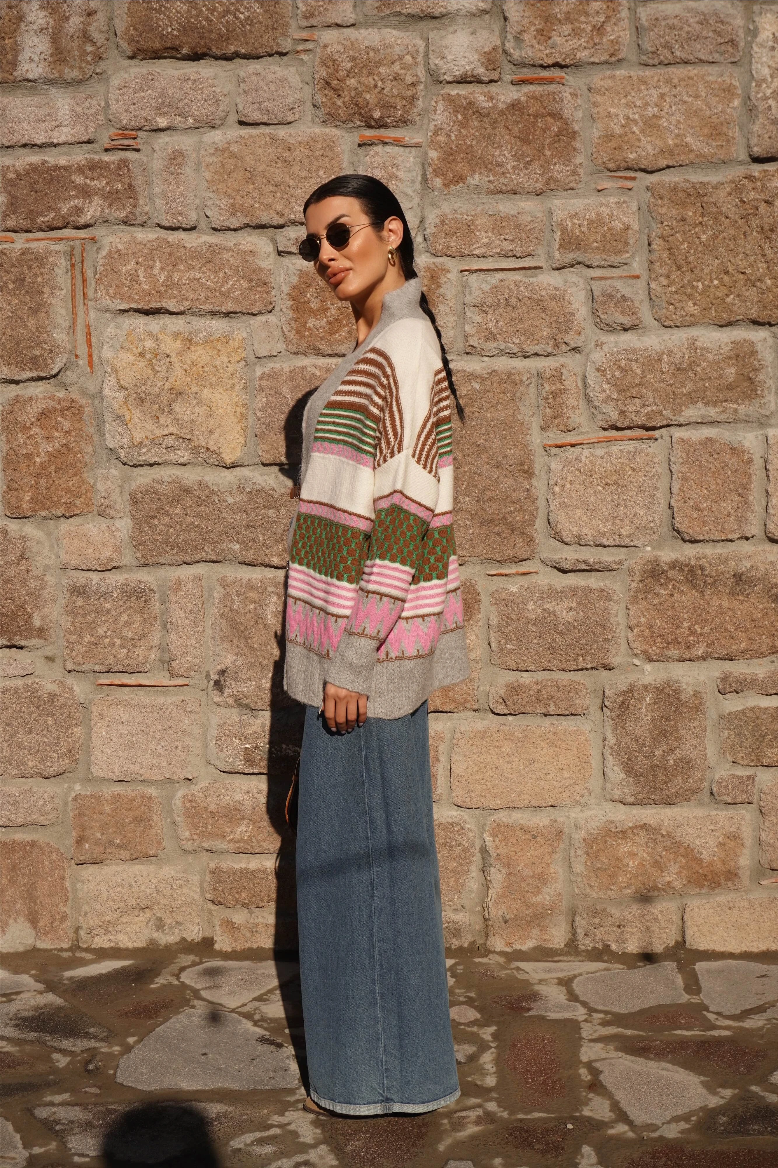 Kemer Detaylı Oversize Gri-Ekru Hırka