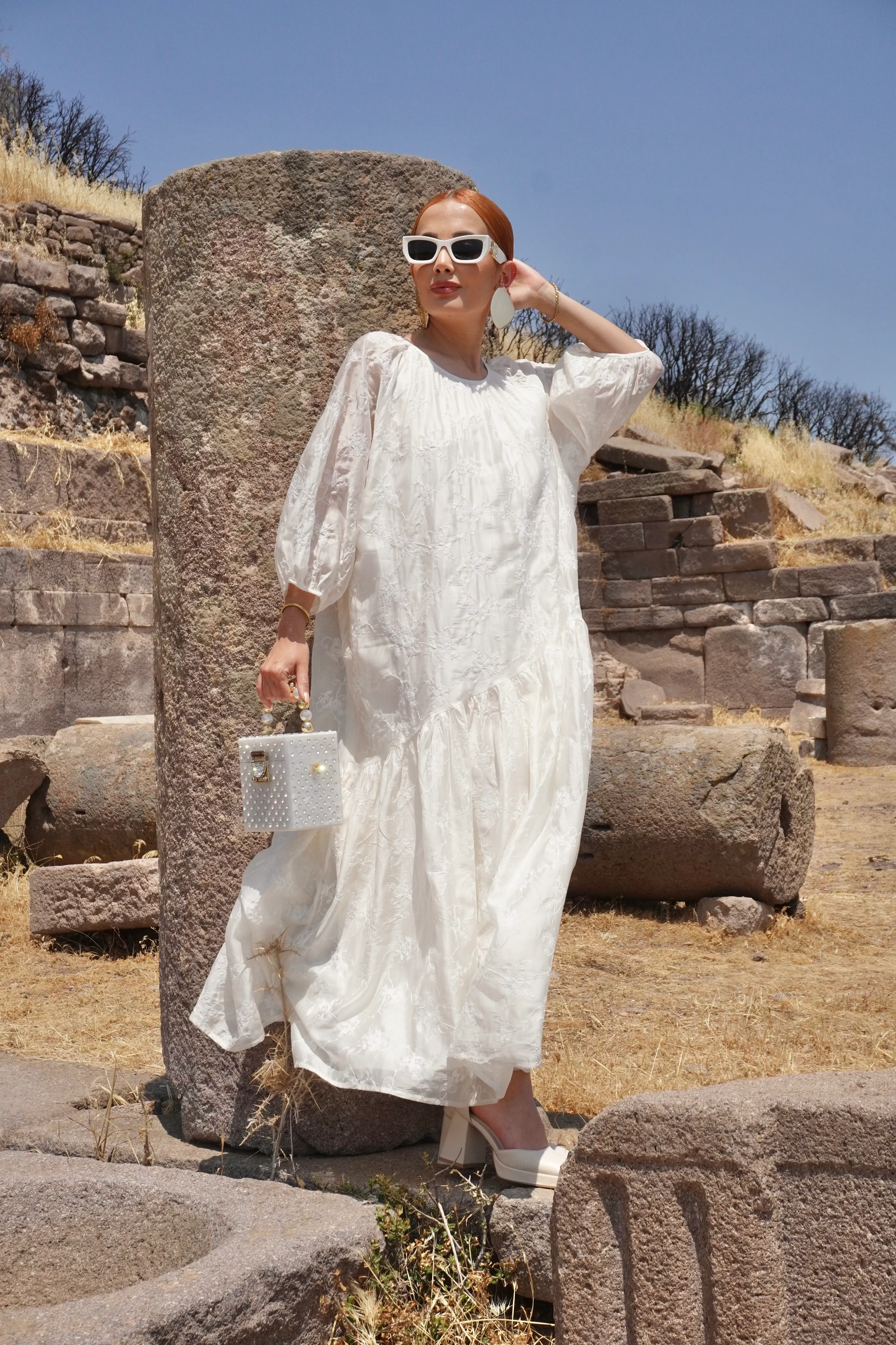 Balon Kol Nakışlı Premium Maxi Elbise