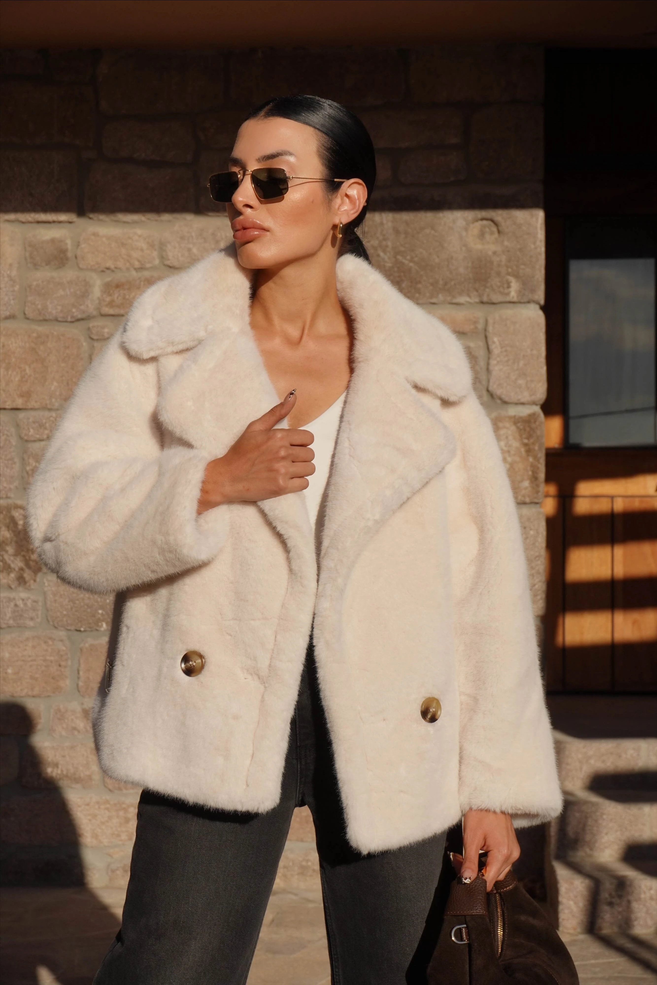 İthal Premium Ekru Peluş Ceket Kürk