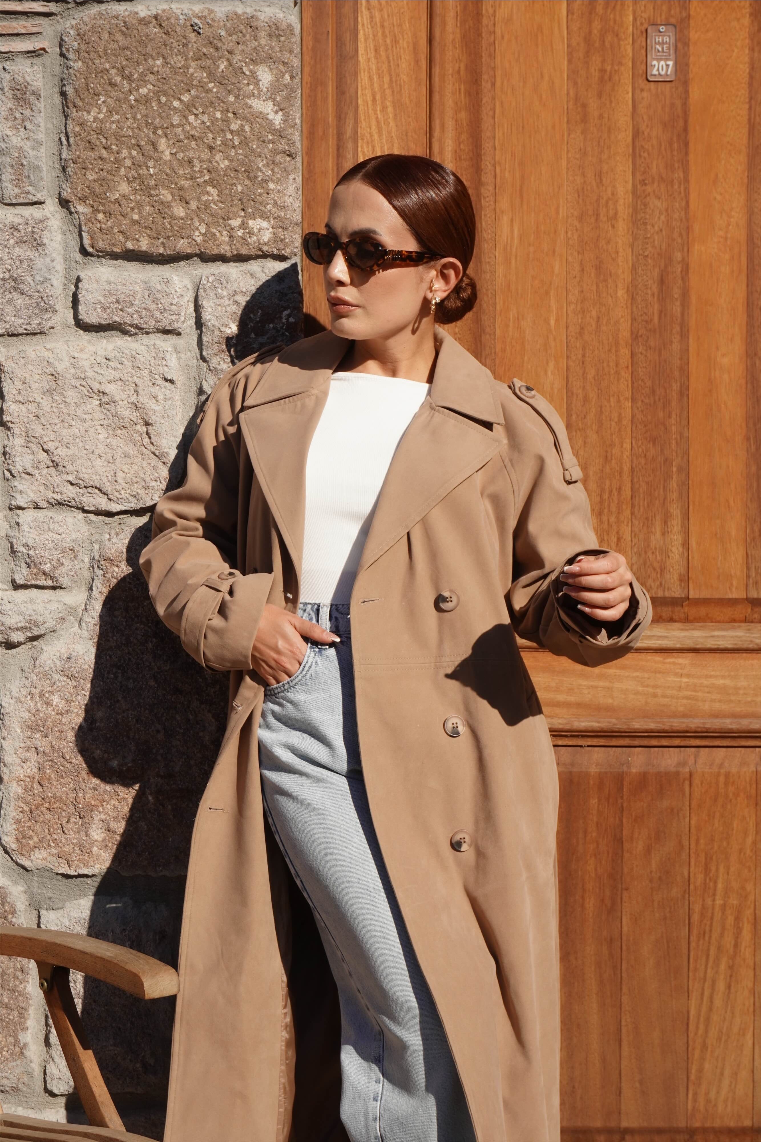 Premium Süet Dokulu Camel Trençkot 