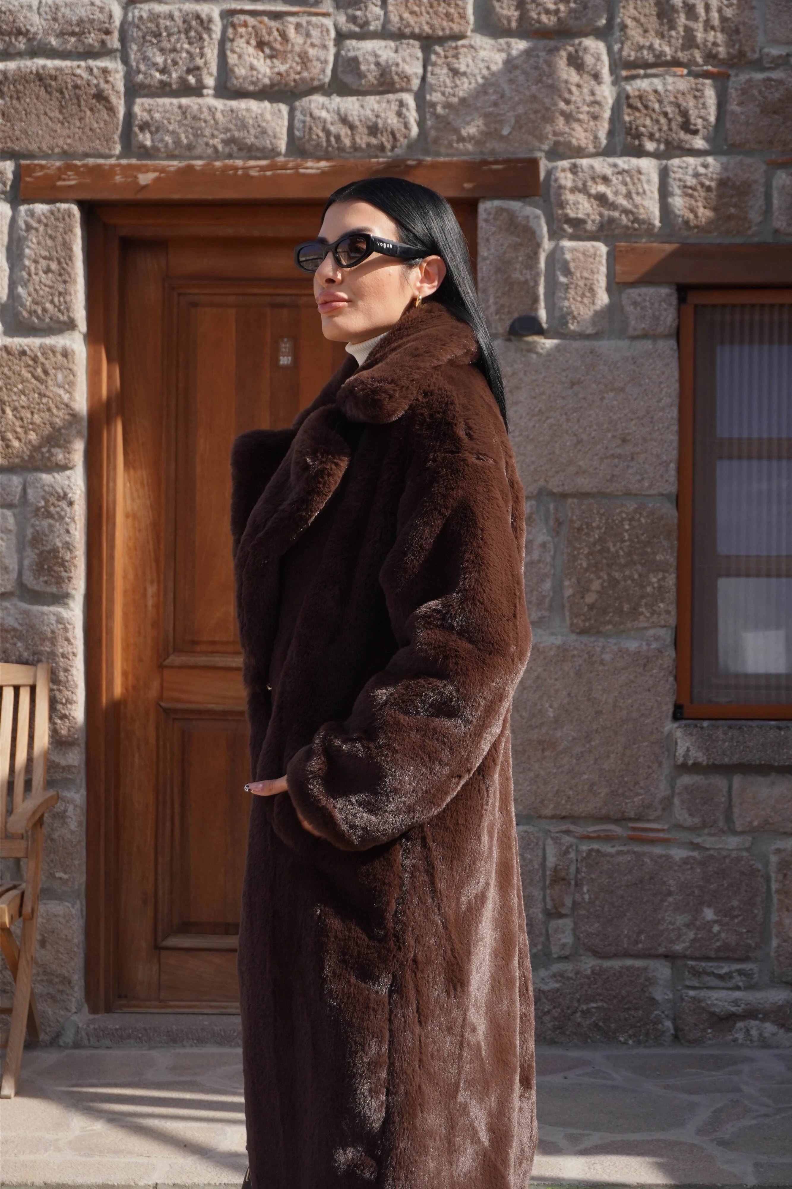 Premium Kahverengi Peluş Tam Boy Kürk Kaban 